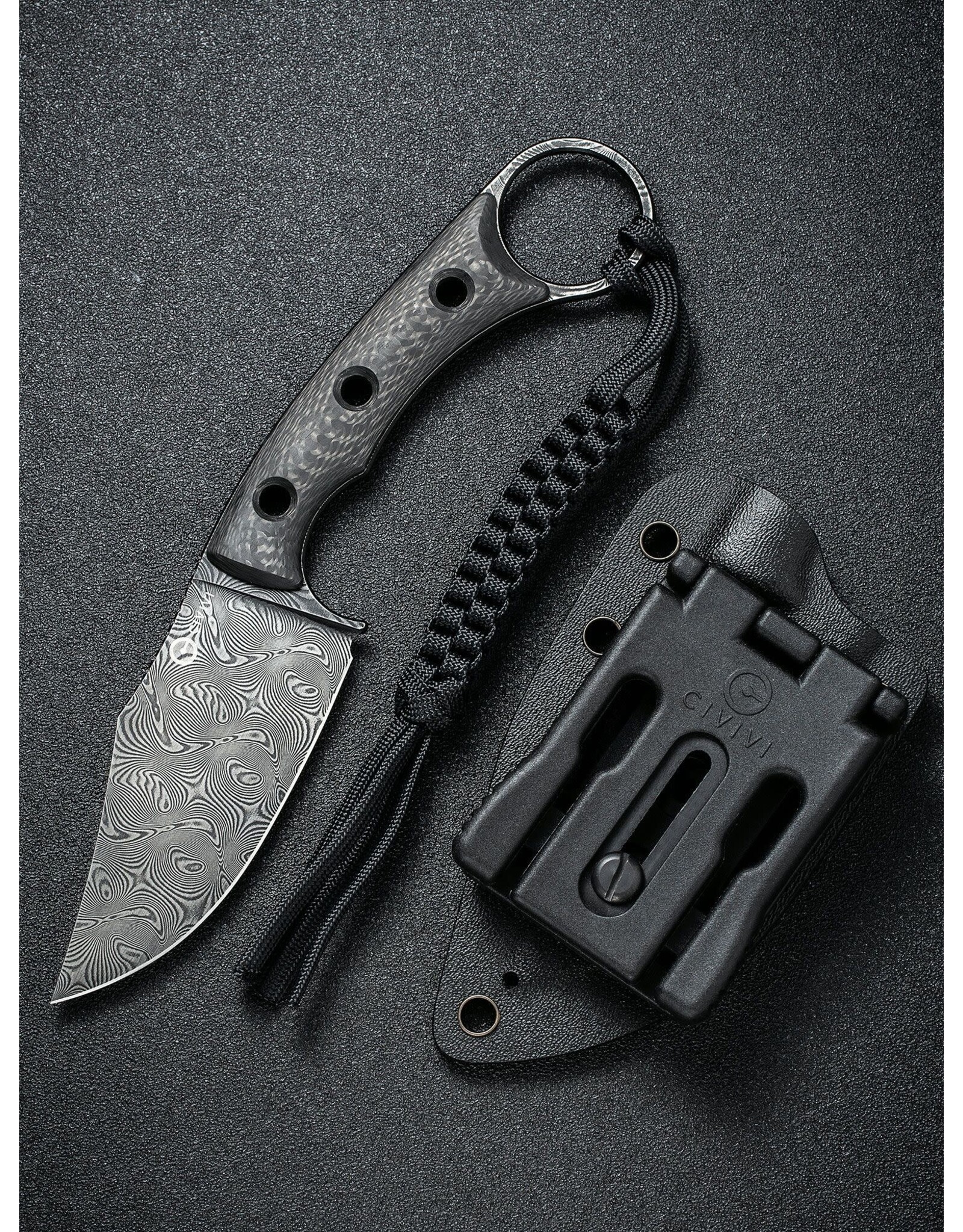 Civivi CIVIVI Knives Midwatch Fixed Blade Knife 3.39" Damascus Clip Point, Twill Carbon Fiber Handles with Pinky Ring, Kydex Sheath - C20059B-DS1