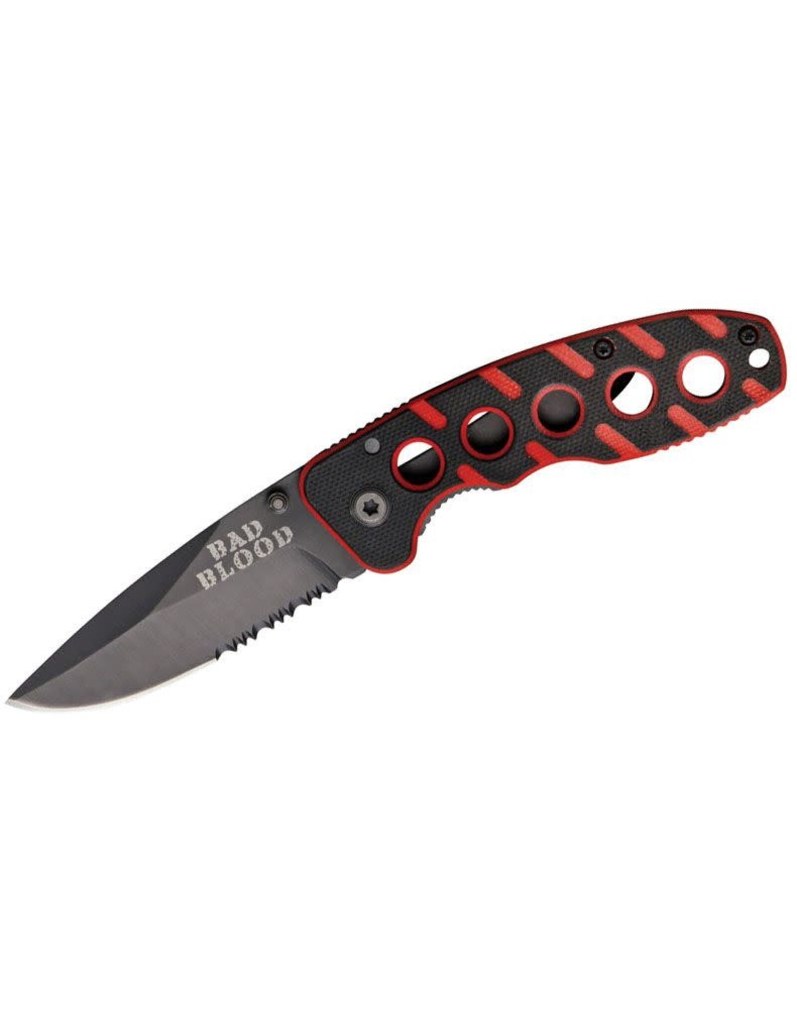 Bad Blood Knives Red Striped G10 Folder 2-1/2 440 Stainless Combo Blade, Liner Lock - BB0110