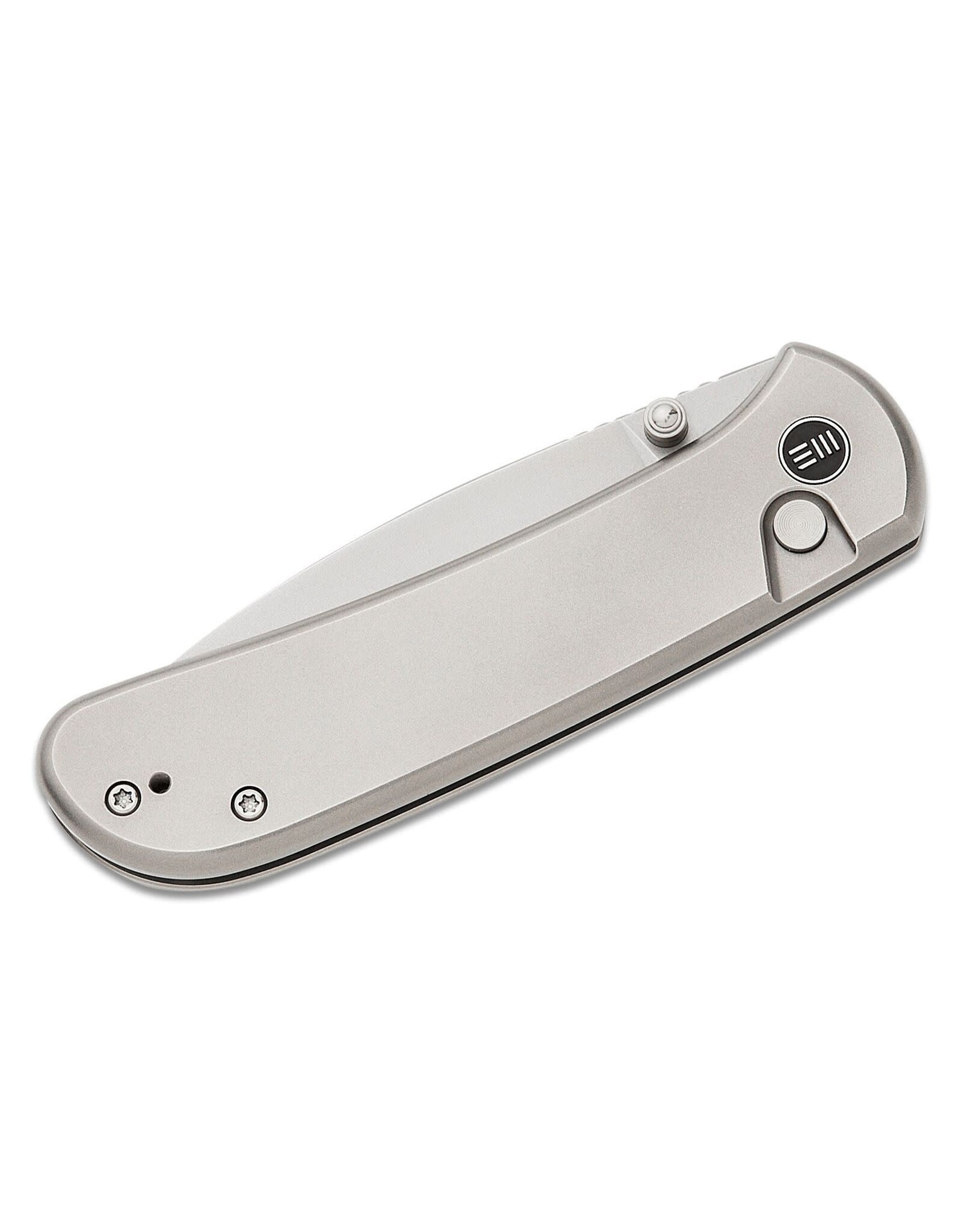 We Knife Company Qubit Button Lock Folding Knife 3.2" CPM-20CV Polished Bead Blasted Drop Point Blade, Polished Bead Blast Titanium Handles - WE22030F-2