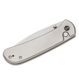 We Knife Company Qubit Button Lock Folding Knife 3.2" CPM-20CV Polished Bead Blasted Drop Point Blade, Polished Bead Blast Titanium Handles - WE22030F-2