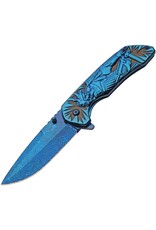 Rite Edge Rite Edge Folding Knife 3.5In Blade Blue Black Skull Samurai Warrior EDC