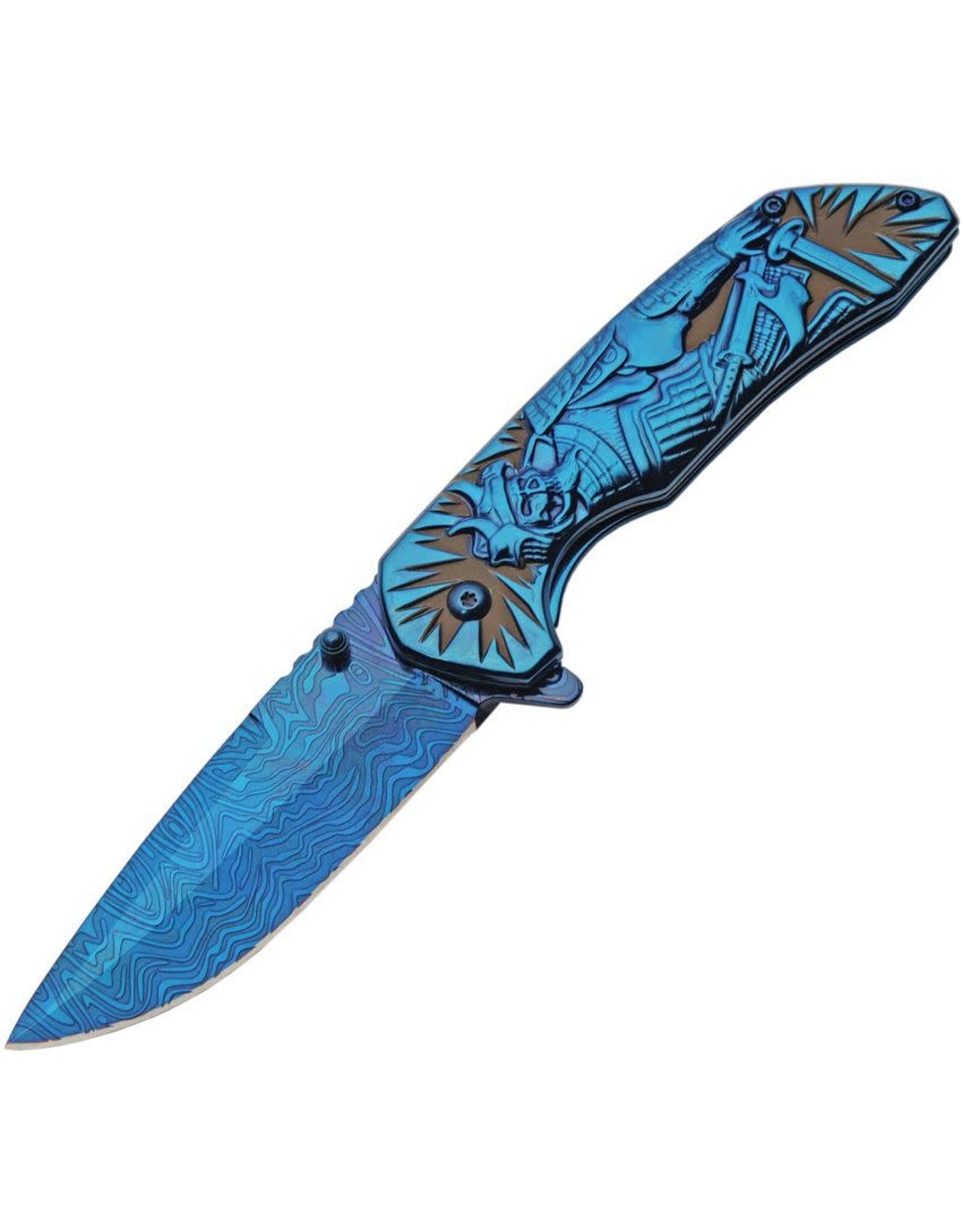 Rite Edge Rite Edge Folding Knife 3.5In Blade Blue Black Skull Samurai Warrior EDC