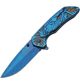 Rite Edge Rite Edge Folding Knife 3.5In Blade Blue Black Skull Samurai Warrior EDC
