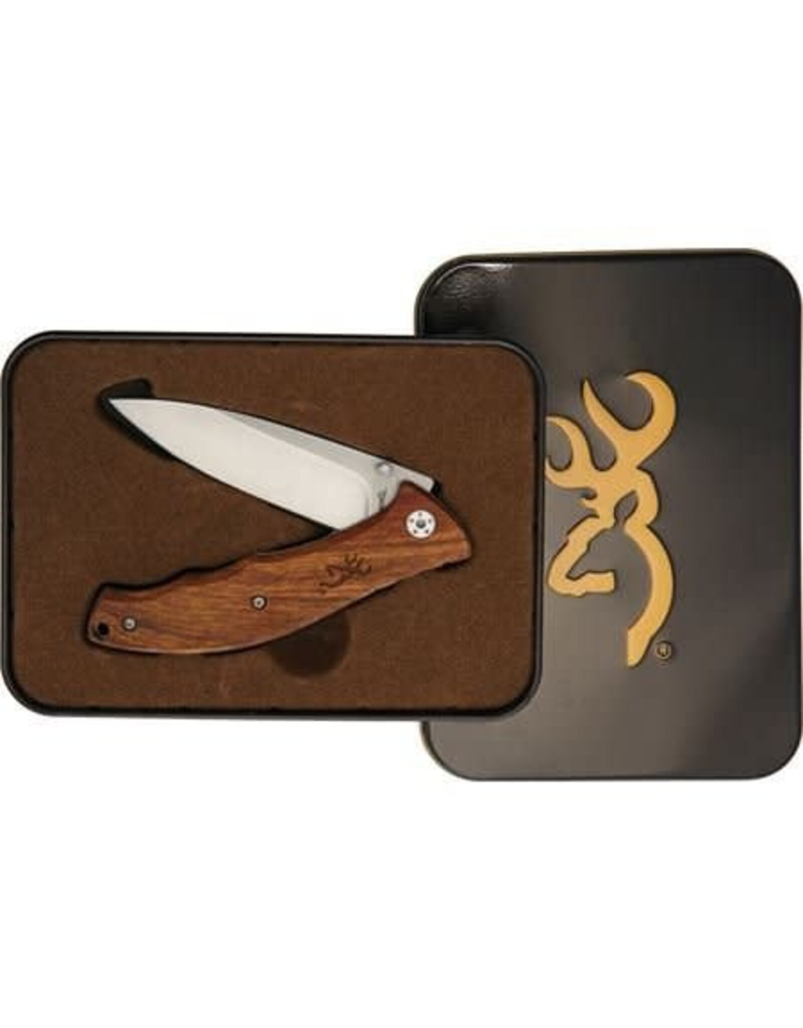 Browning Browning Wood Linerlock Drop Point Folding Knife W/ Tin - Brown 4 Inch Closed