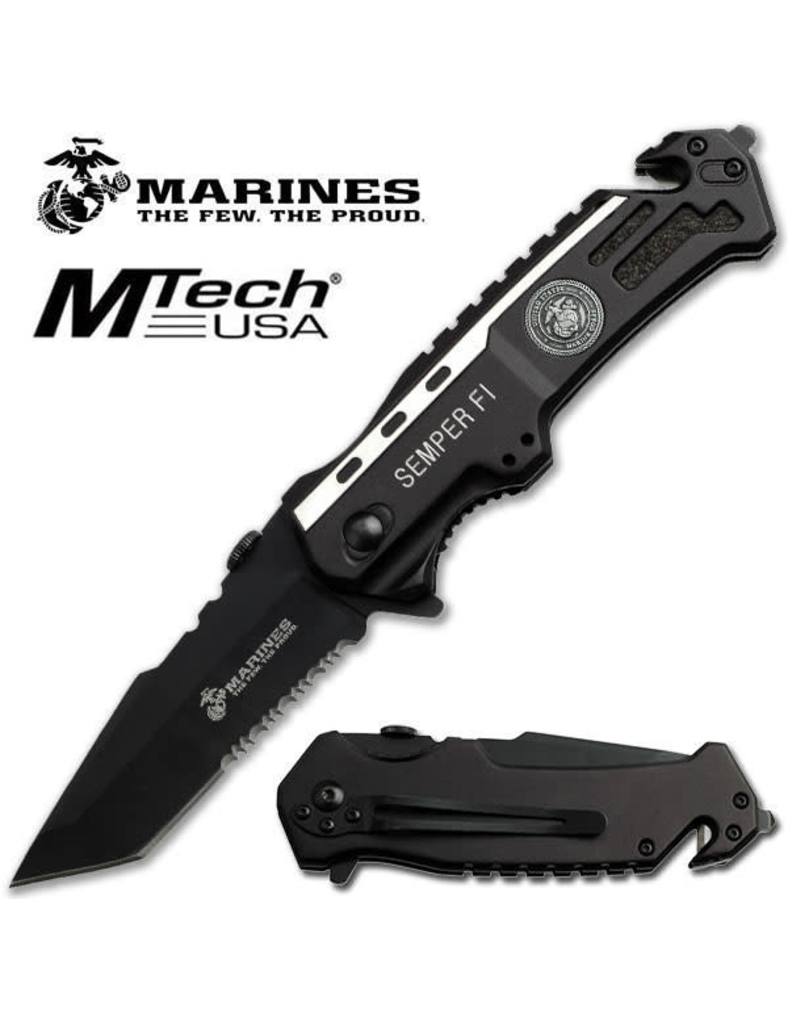 Master Cutlery MTECH USA U.S. Marines by MTech USA USA M-1002TS Folding Knife, Black Handle with Medallion, 4.75-Inch Closed Length