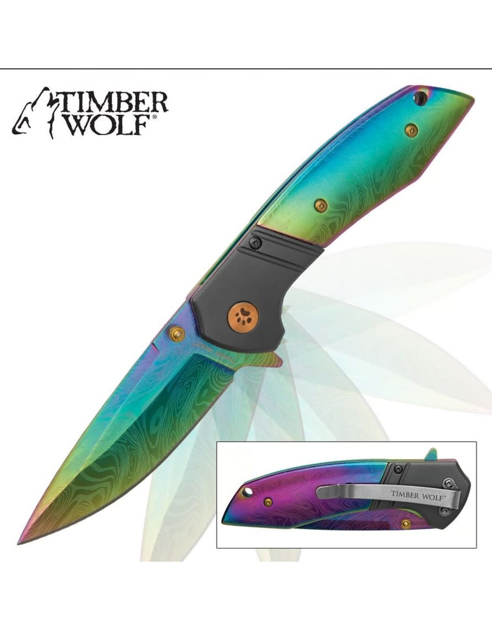 Timber Wolf Aurora Assisted Opening Pocket Knife - DamascTec Steel with Titanium Rainbow Finish TW577