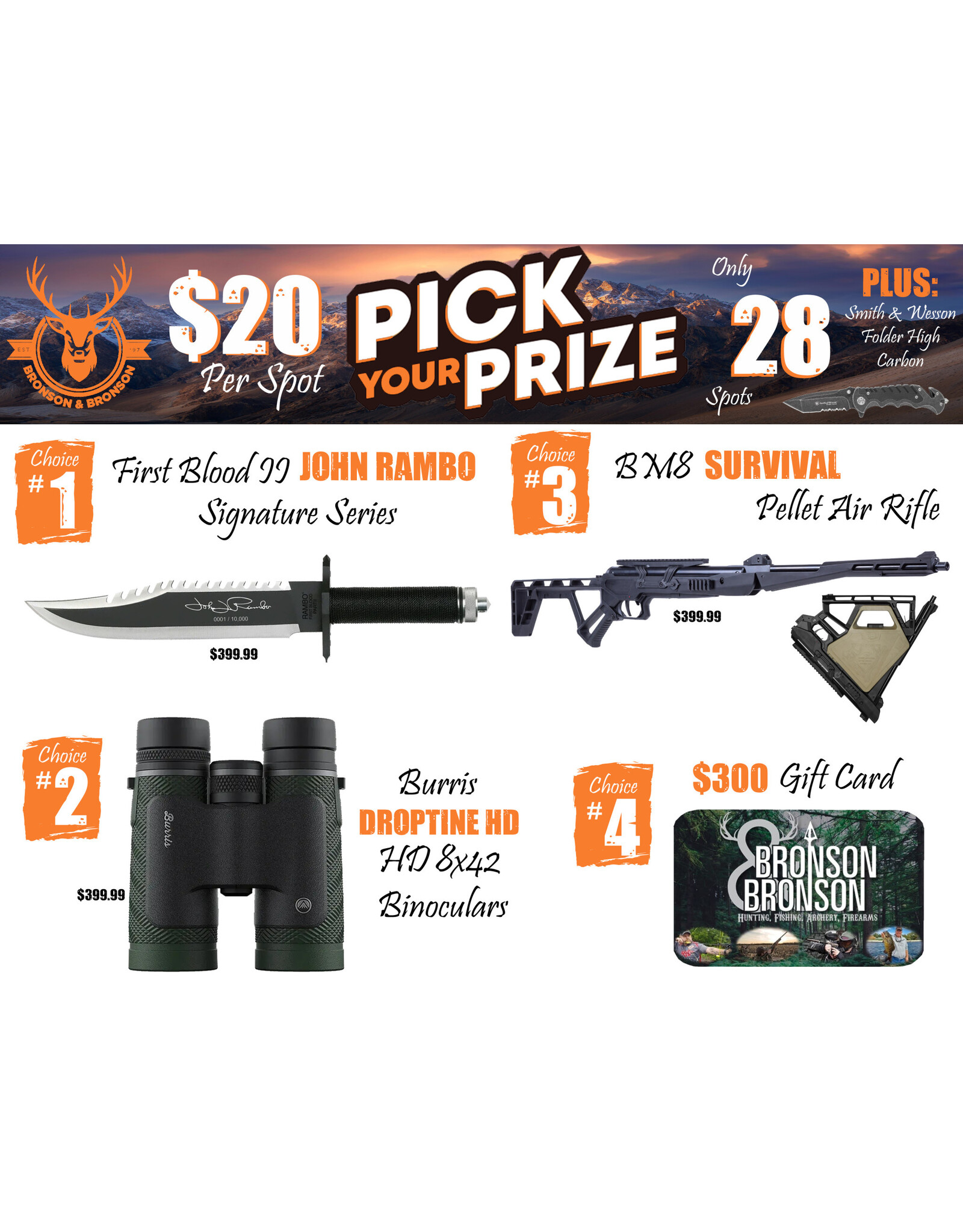 DRAW #1371 - Pick Your Prize - Rambo, Burris, BM8 OR Gift Card