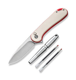 Civivi CIVIVI Knives StellarQuill Pen & Button Lock Elementum II Flipper Knife Combo Set 2.96" Nitro-V Satin Drop Point Blade, Ivory G10 Handles with Red Liners - Includes Aluminum StellarQuill Pen - C23049