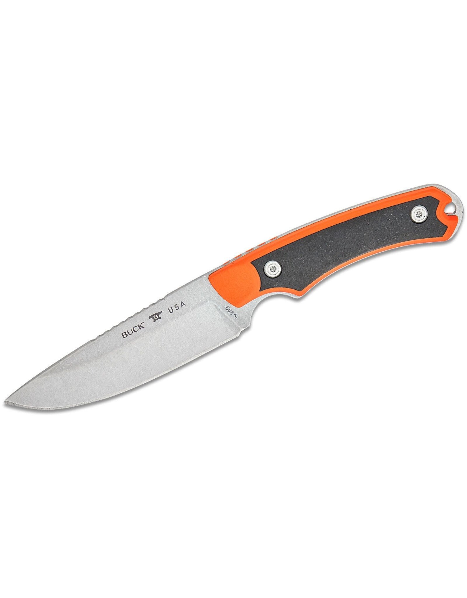 Buck Knives Buck 663 Alpha Guide Select Fixed Blade Knife 4.5" 420HC Stonewashed Drop Point, Orange GFN Handles with Versaflex Inserts, Polyester Sheath - 13724
