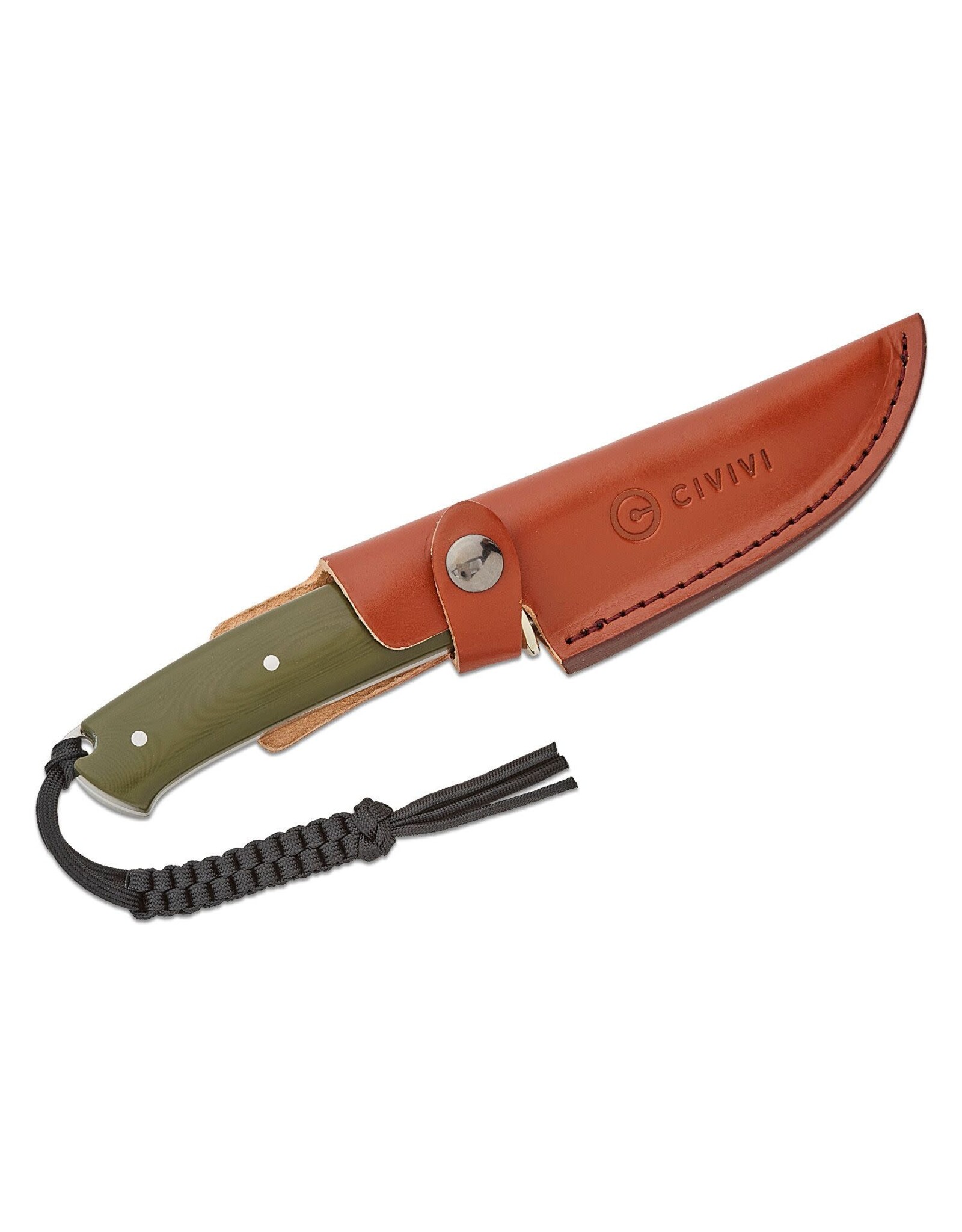 Civivi CIVIVI Knives Cloud Peak Fixed Blade Knife 4.6" Nitro-V Satin Drop Point Blade, Contoured Green G10 Handle with Nickel Silver Guard, Brown Leather Sheath - C23044-2