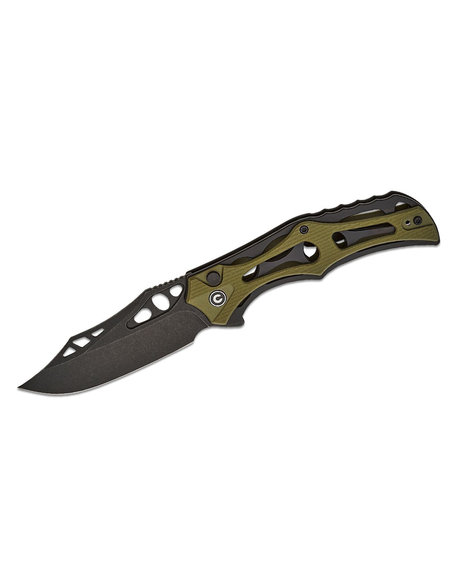 Civivi CIVIVI Knives Biophase Button Lock Flipper Knife 3.48" Nitro-V Black Stonewashed Clip Point Blade, Skeletonized Black Aluminum and OD Green G10 Handles, Reversible Bayonet Clip - C23083C-2