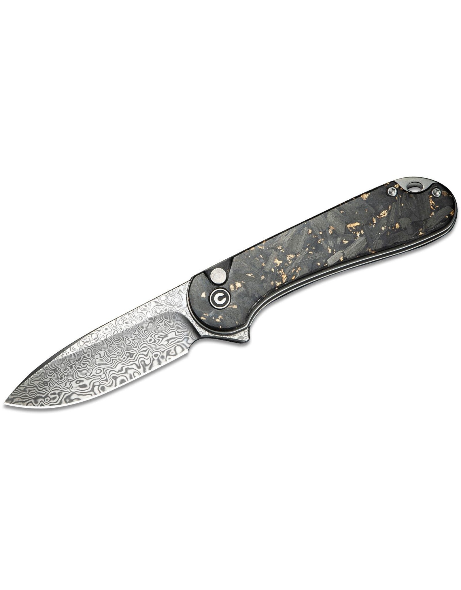 Civivi CIVIVI Knives Button Lock Elementum II Flipper Knife 2.96" Damascus Drop Point Blade, Gold Shred Carbon Fiber Handles - C18062P-10