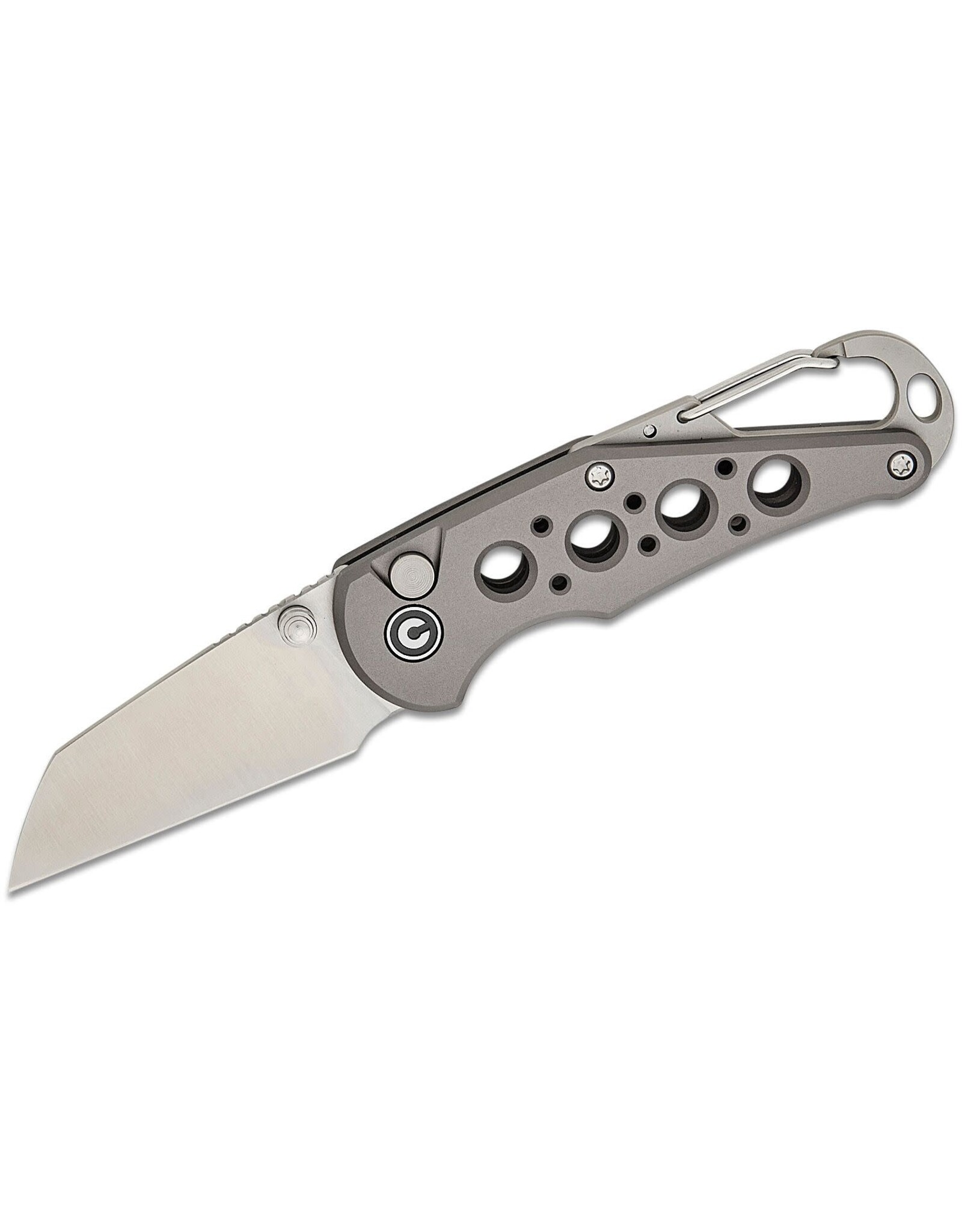 Civivi CIVIVI Knives Pragma Button Lock Folding Knife 2.2" Nitro-V Satin Wharncliffe Blade, Gray Milled Aluminum Handles with Carabiner and Bottle Opener - C23062B-2