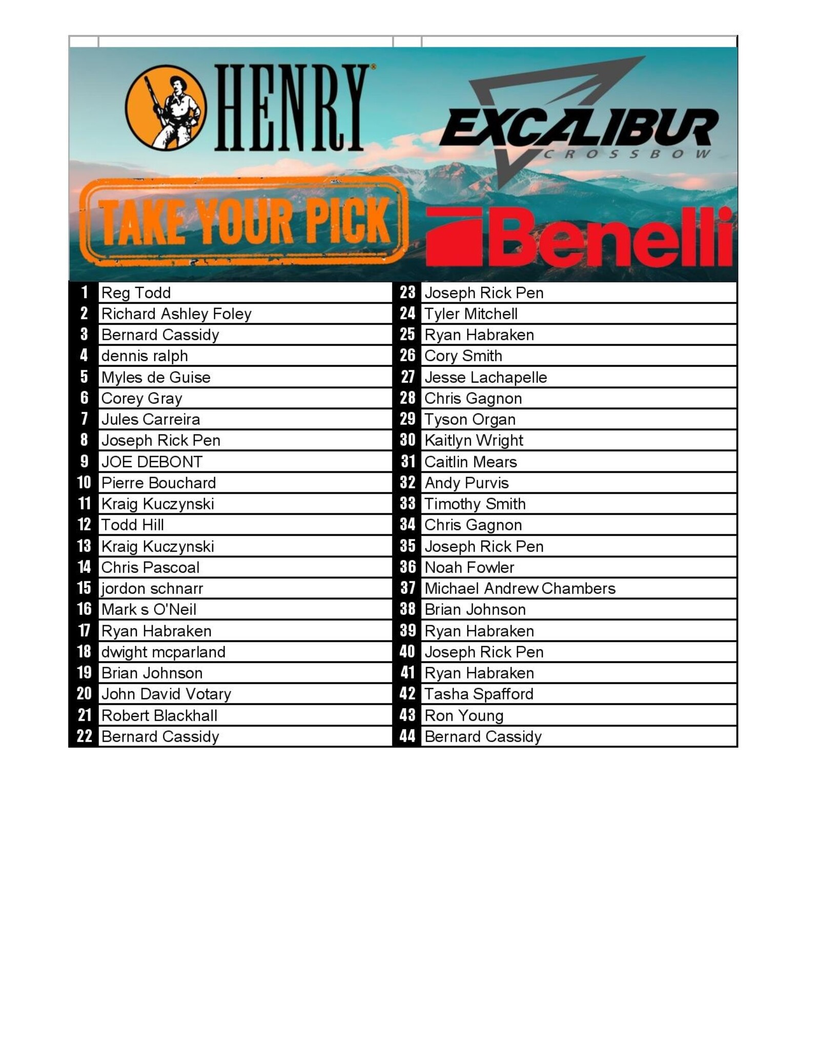 DRAW #1561 - Take Your Pick - Henry, Benelli OR Excalibur!