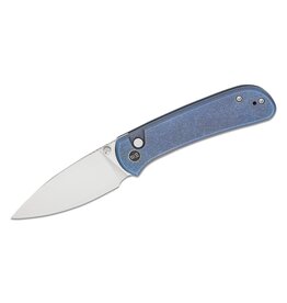 We Knife Company Qubit Button Lock Folding Knife 3.2" CPM-20CV Hand Rubbed Stain Drop Point Blade, Blue Titanium Handles - WE22030F-3
