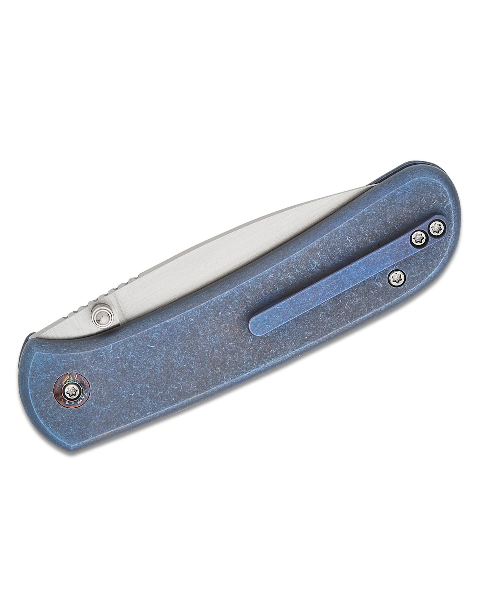 We Knife Company Qubit Button Lock Folding Knife 3.2" CPM-20CV Hand Rubbed Stain Drop Point Blade, Blue Titanium Handles - WE22030F-3