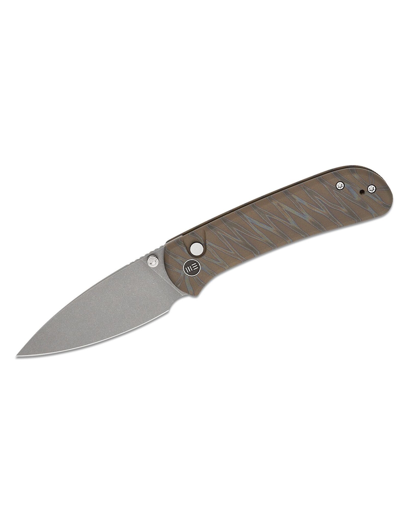 We Knife Co Ltd We Knife Company Qubit Button Lock Folding Knife 3.2" CPM-20CV Stonewashed Drop Point Blade, Tiger Stripe Flamed Titanium Handles - WE22030F-4