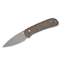 We Knife Company Qubit Button Lock Folding Knife 3.2" CPM-20CV Stonewashed Drop Point Blade, Tiger Stripe Flamed Titanium Handles - WE22030F-4