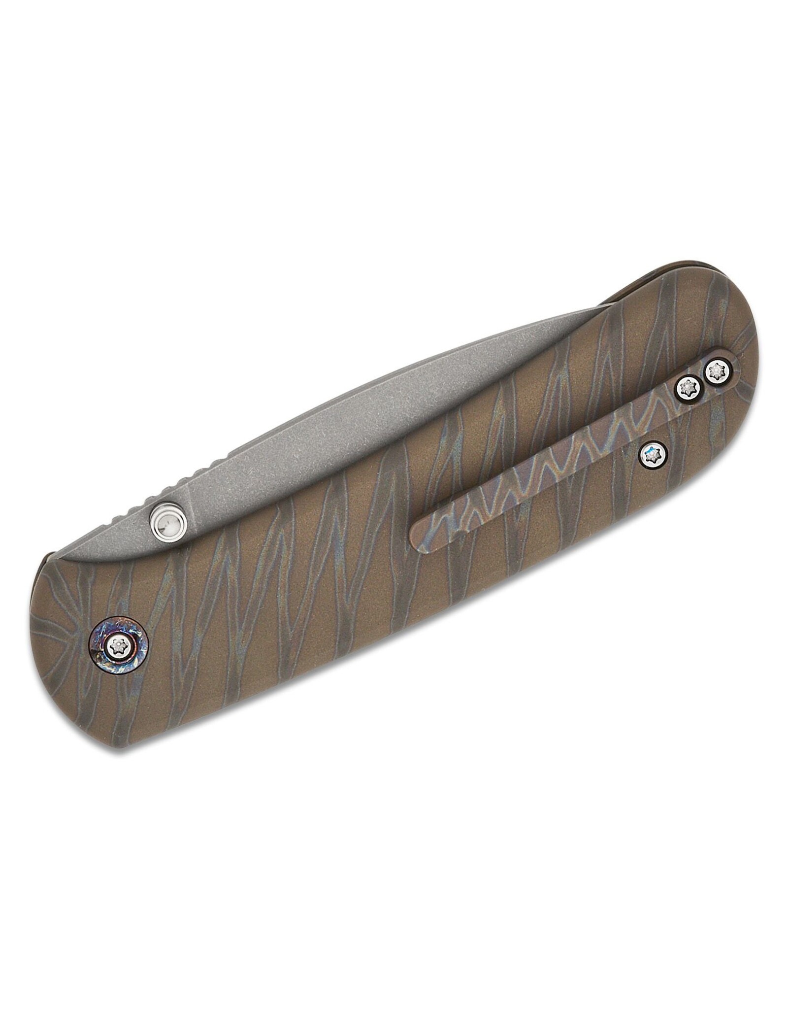 We Knife Co Ltd We Knife Company Qubit Button Lock Folding Knife 3.2" CPM-20CV Stonewashed Drop Point Blade, Tiger Stripe Flamed Titanium Handles - WE22030F-4