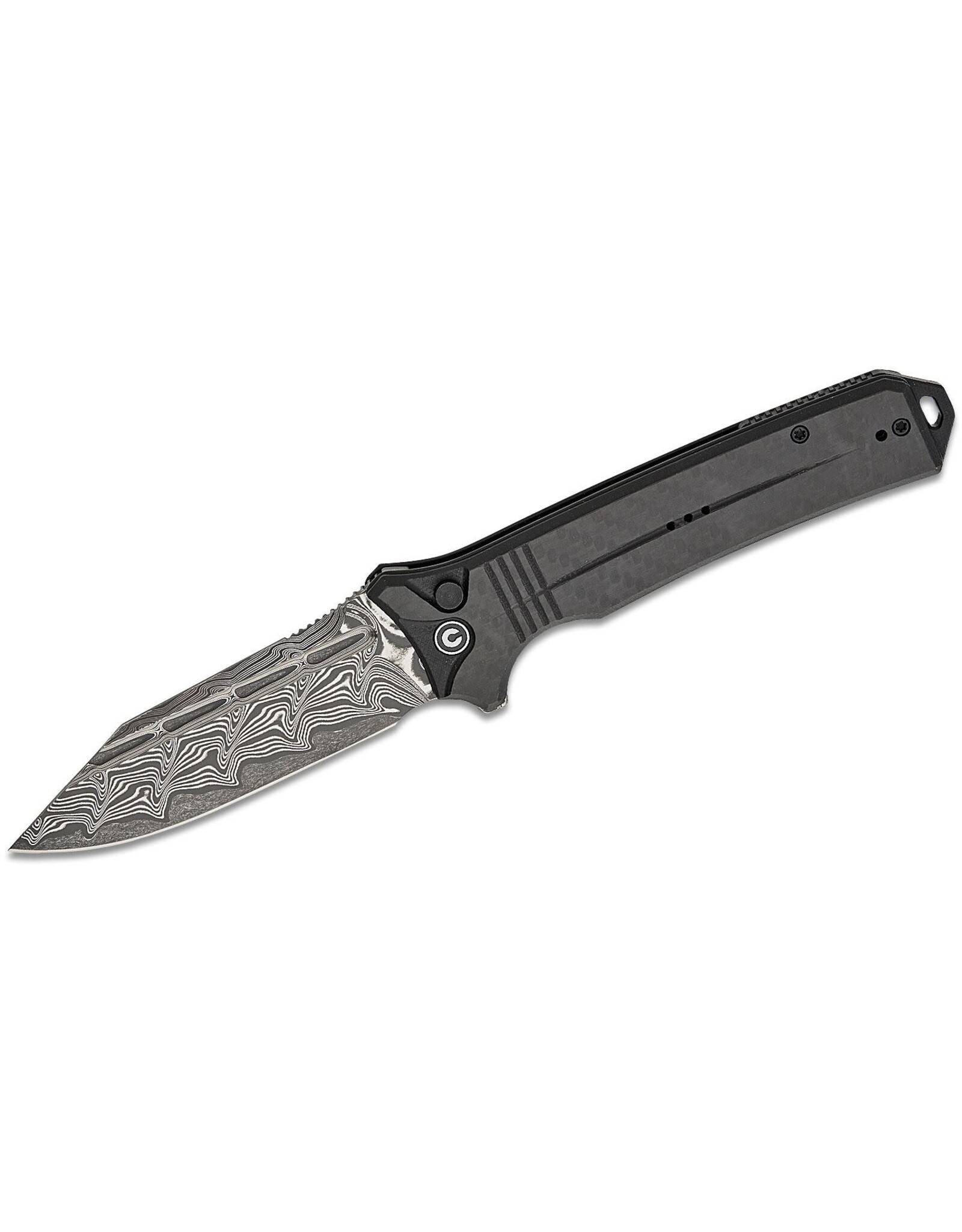Civivi CIVIVI Knives Neurohaptic Button Lock Flipper Knife 3.74" Damascus Clip Point Blade, Milled Carbon Fiber Overlay on Black G10 Handles, Reversible Clip - C23080-DS1