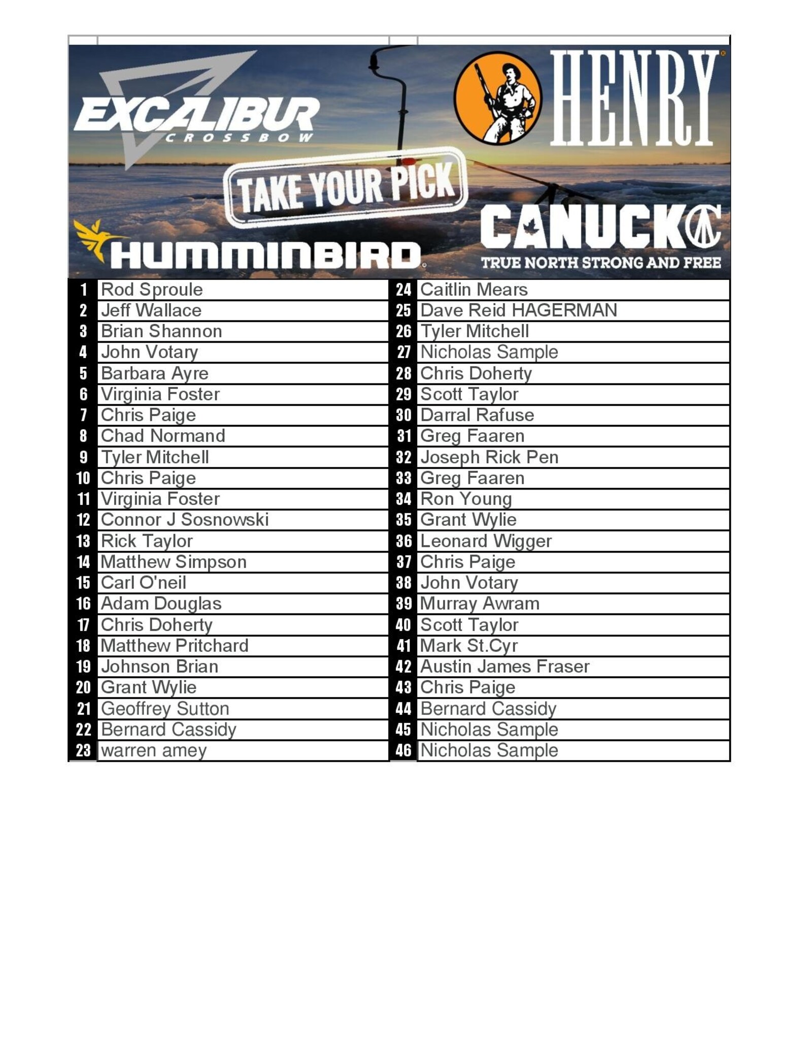 DRAW #1623 - Take Your Pick - Excalibur, Canuck, Humminbird OR Henry!