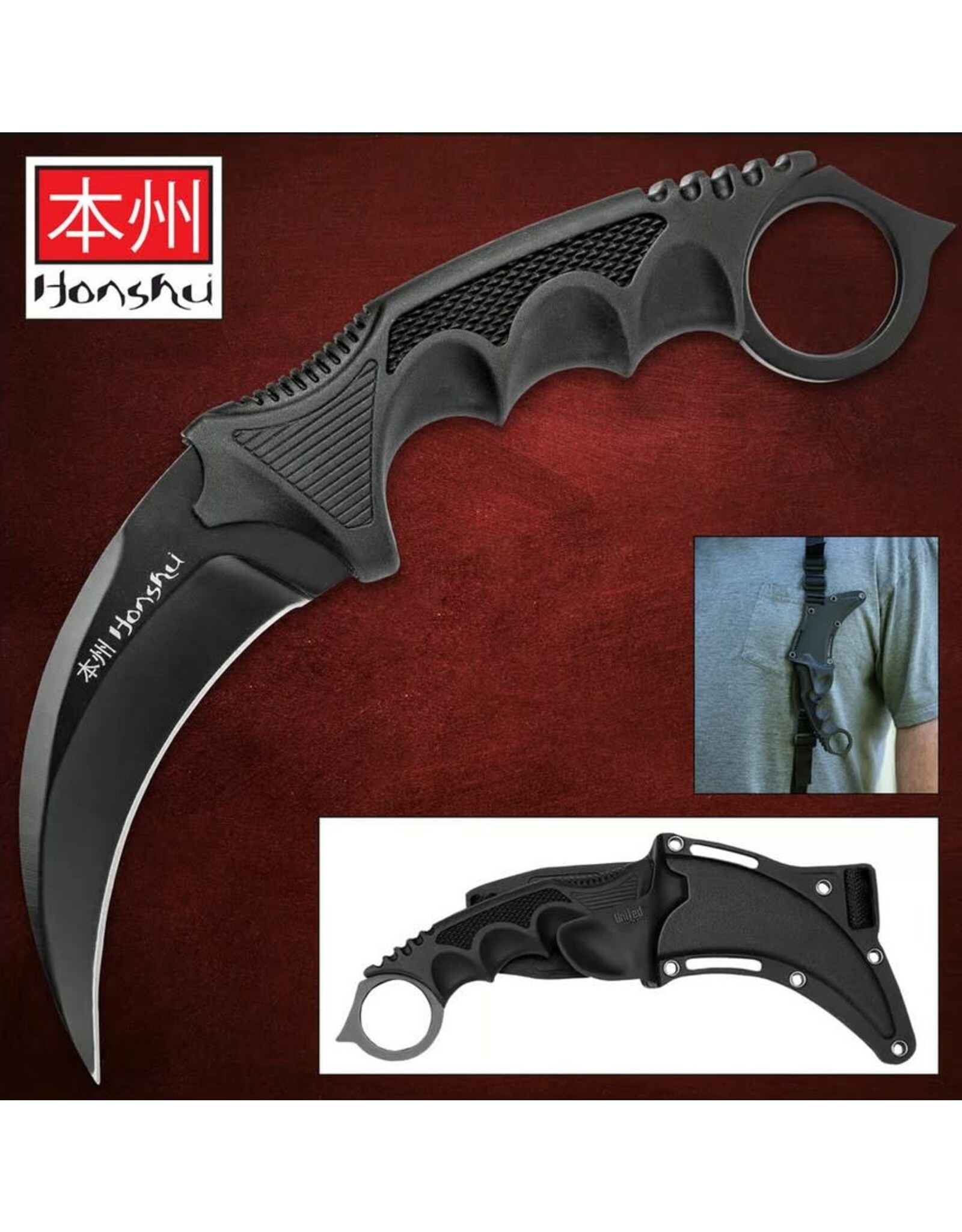 Honshu Honshu Karambit with Shoulder Harness Sheath (BLACK Blade) UC2791