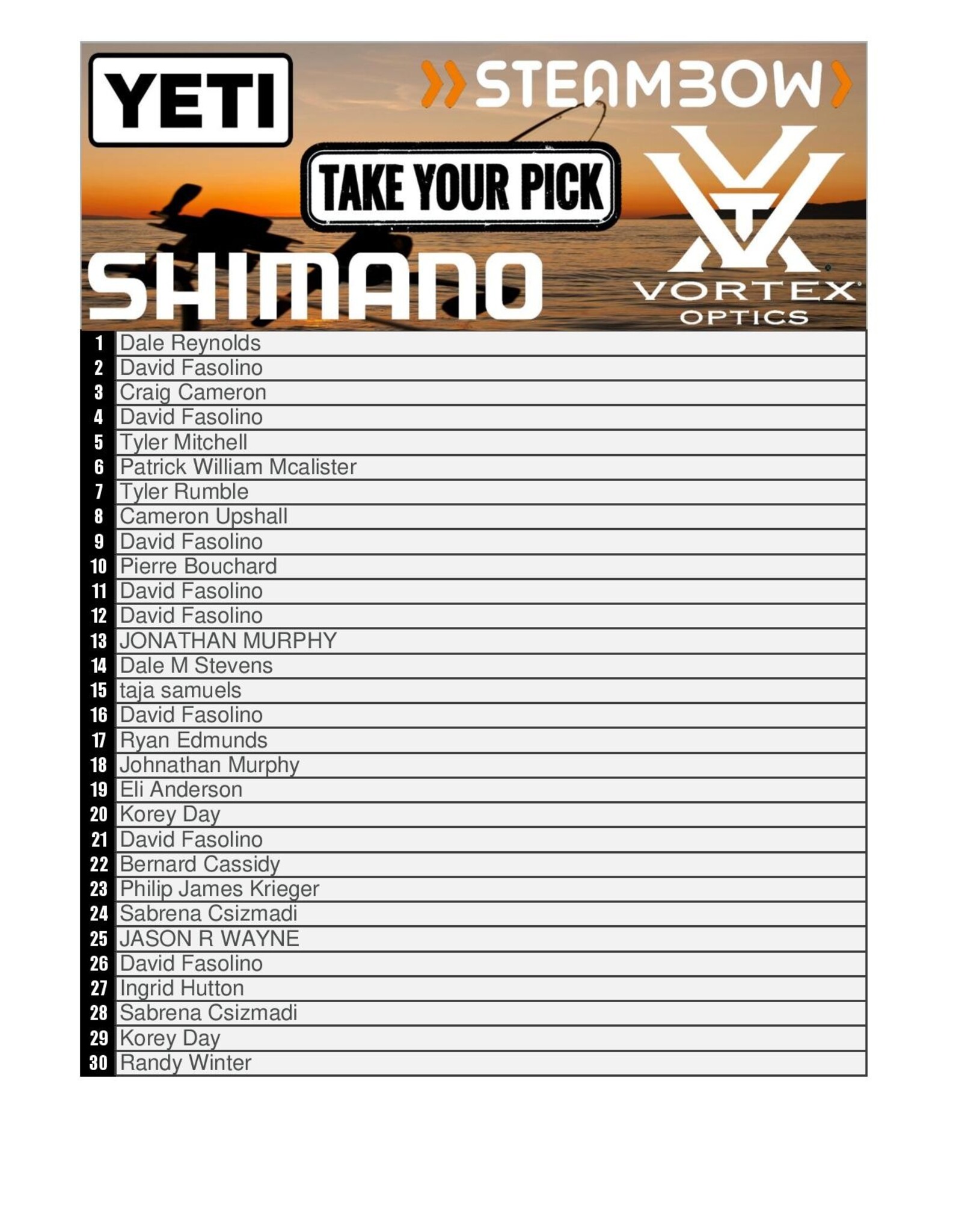 DRAW #1645 - Take Your Pick - Yeti, Shimano, Steambow OR Vortex!