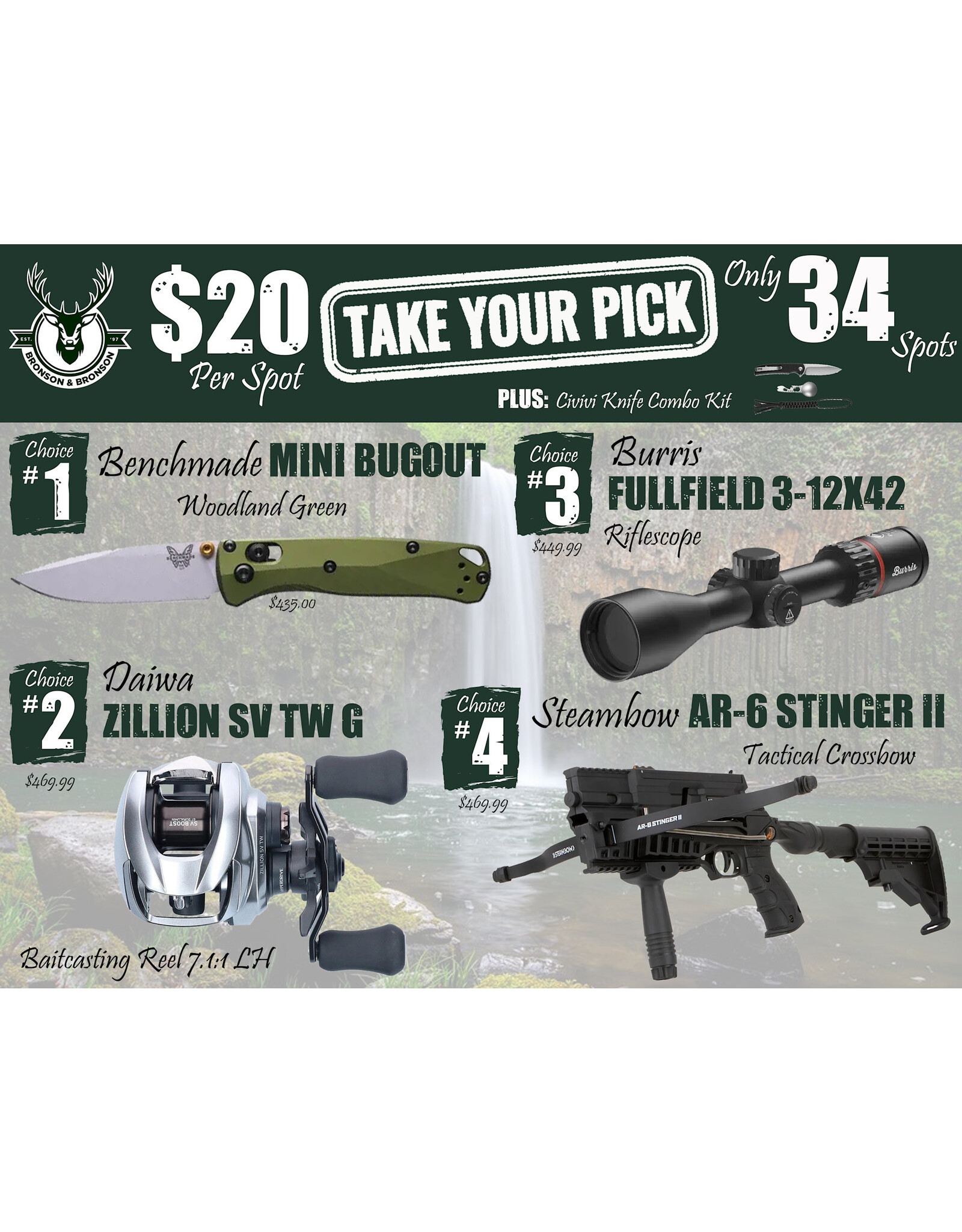 DRAW #1687 - Take Your Pick - Benchmade, Daiwa, Burris OR Steambow!
