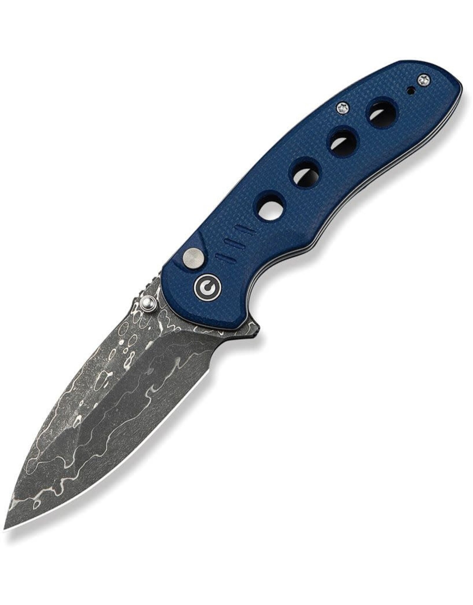 Civivi CIVIVI Knives Triptych Button Lock Flipper Knife 2.97" Damascus Compound Drop Point Blade, Milled Blue Canvas Micarta Handles, Reversible Clip - C23085B-DS1