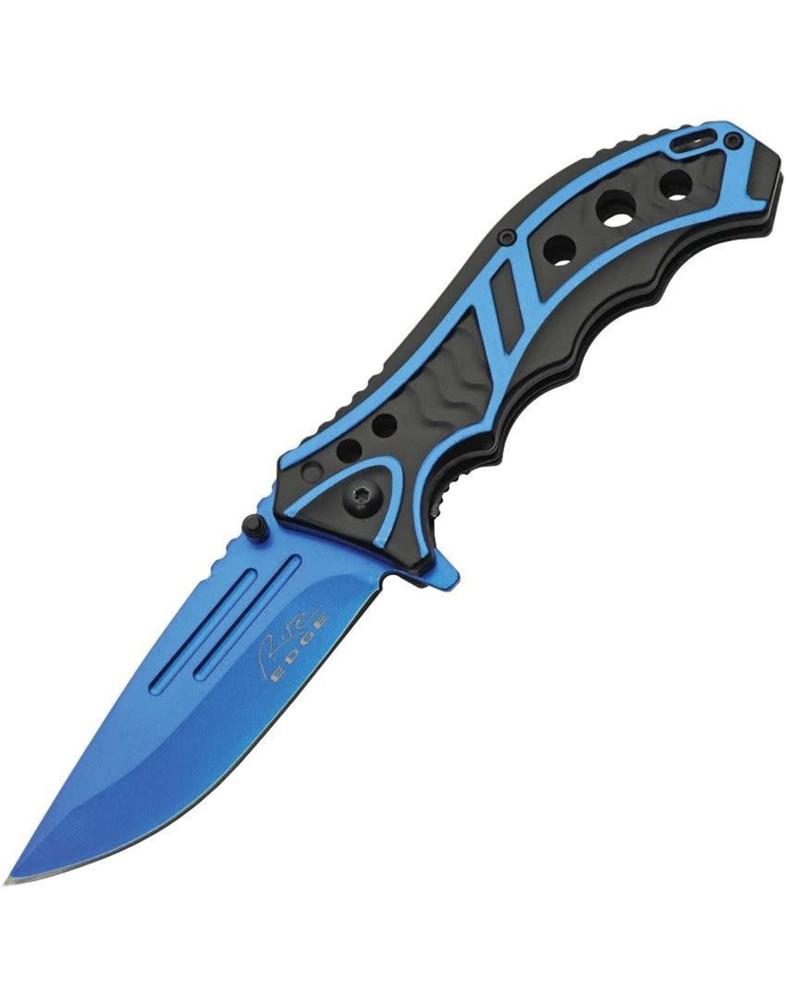 Rite Edge Caution Linerlock Knife with Blue Handles 300585BL