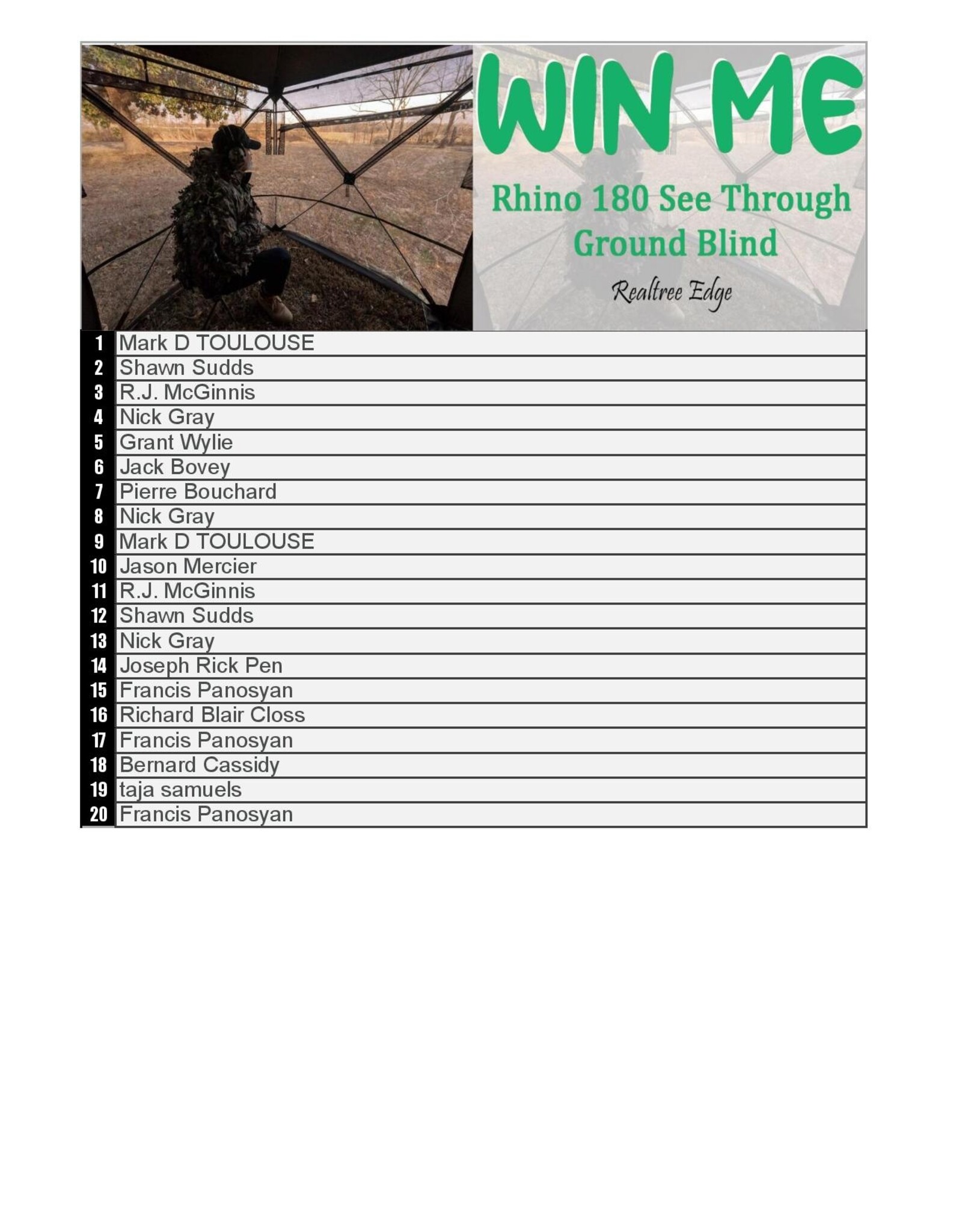 DRAW #1723 - WIN ME - RHINO 180 BLIND! ROUND 2