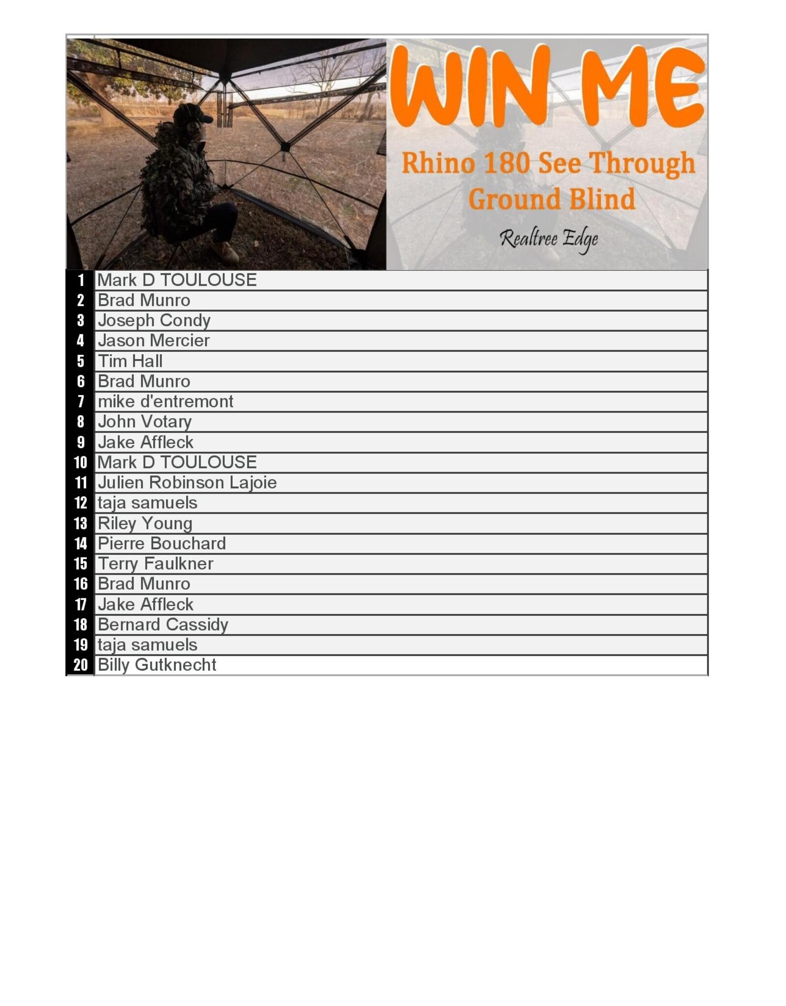 DRAW #1724 - WIN ME - RHINO 180 BLIND! ROUND 3