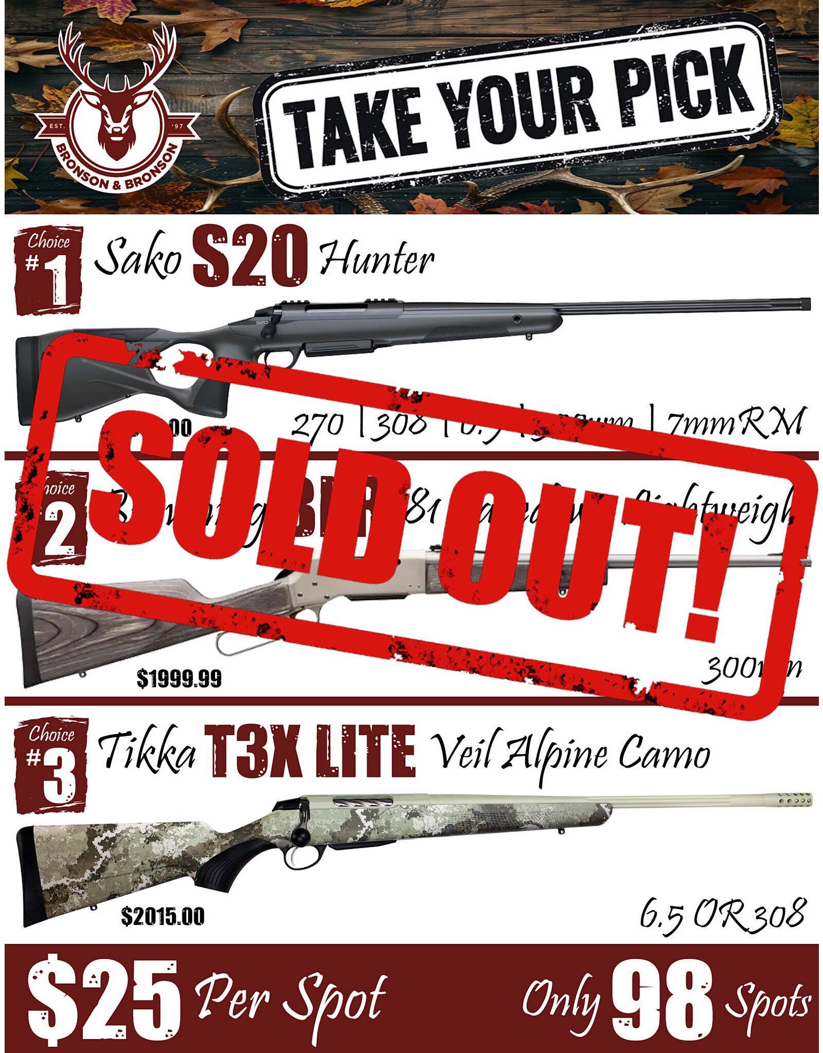 DRAW #1730 - Take Your Pick - Sako S20, Browning BLR OR Tikka T3X!