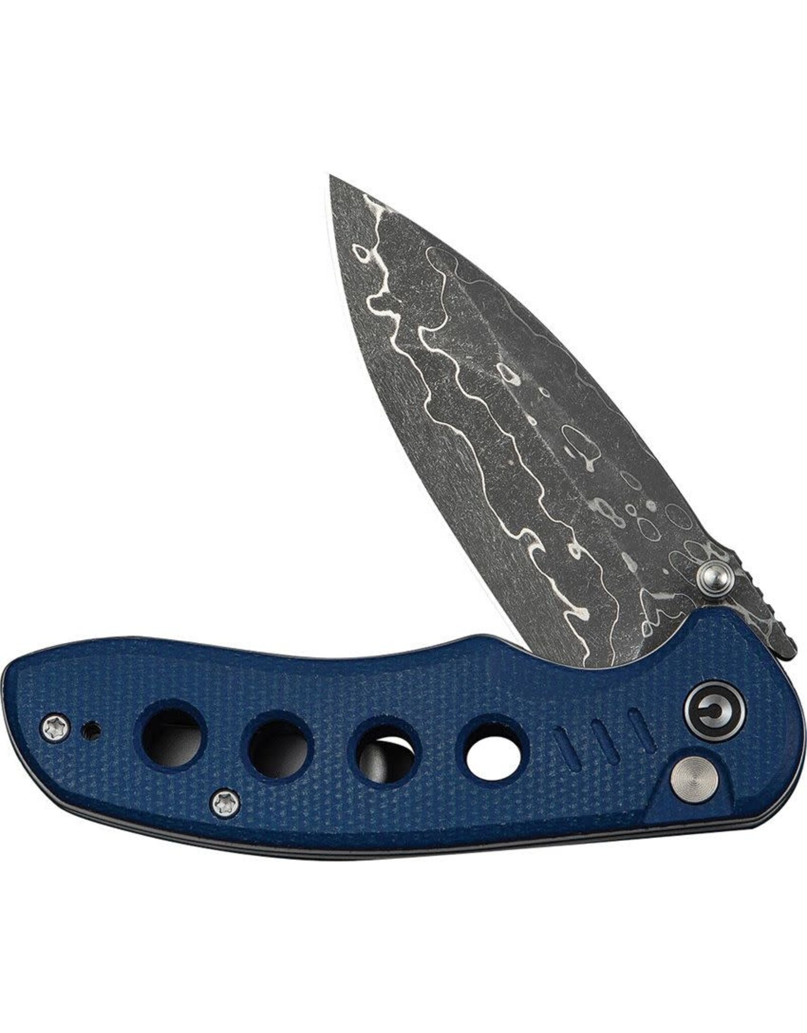 Civivi CIVIVI Knives Triptych Button Lock Flipper Knife 2.97" Damascus Compound Drop Point Blade, Milled Blue Canvas Micarta Handles, Reversible Clip - C23085B-DS1