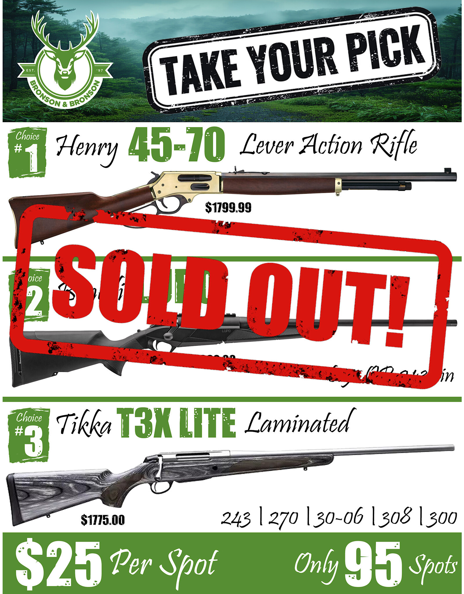 Draw #1736 - Take Your Pick - Henry 45-70, Benelli Lupo OR Tikka T3X!