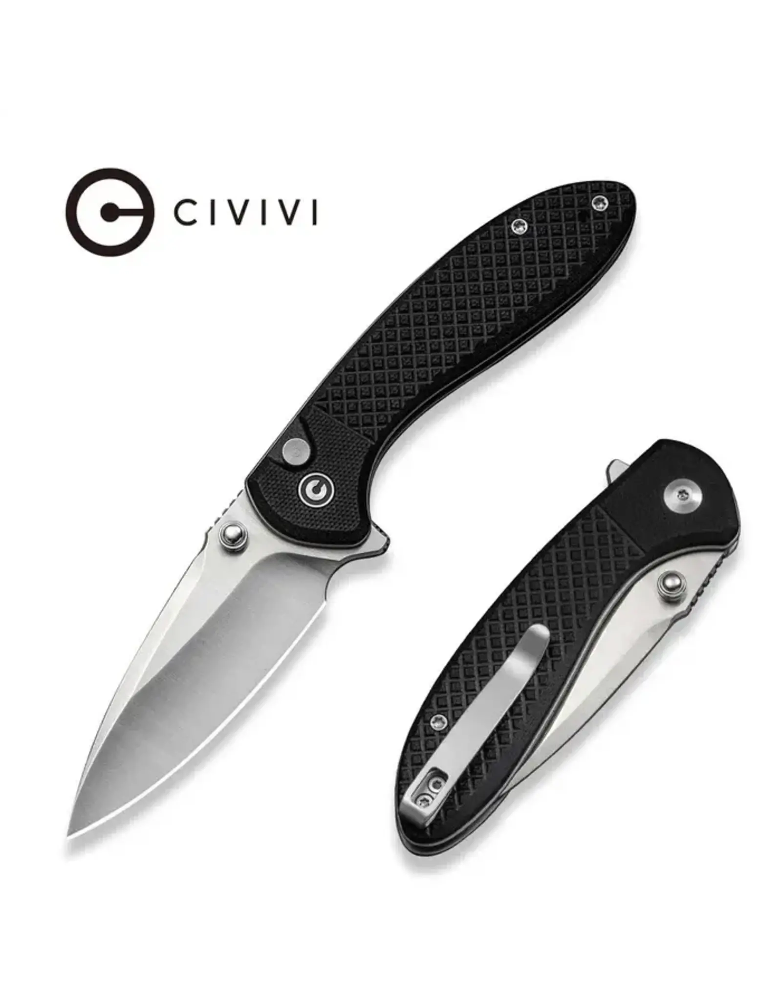 Civivi CIVIVI Knives Faeger Button Lock Flipper Knife 2.98" 14C28N Satin Drop Point Blade, Milled Black G10 Handles, Reversible Clip - C24031-1