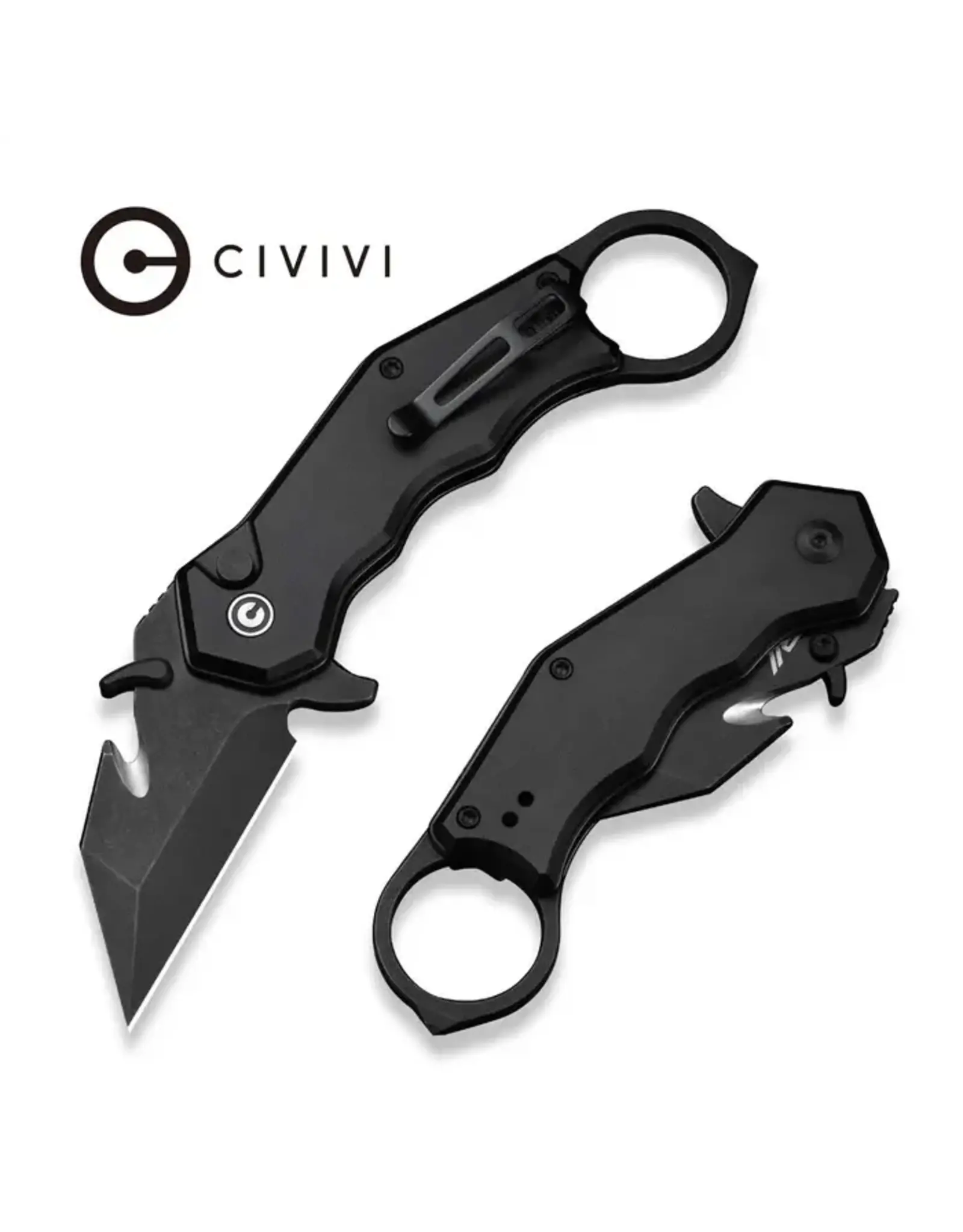 Civivi CIVIVI Amaroq Flipper & Thumb Stud & Button Lock Knife Black Aluminum Handle (2.11" Black Stonewashed Nitro-V Blade) C24018-2