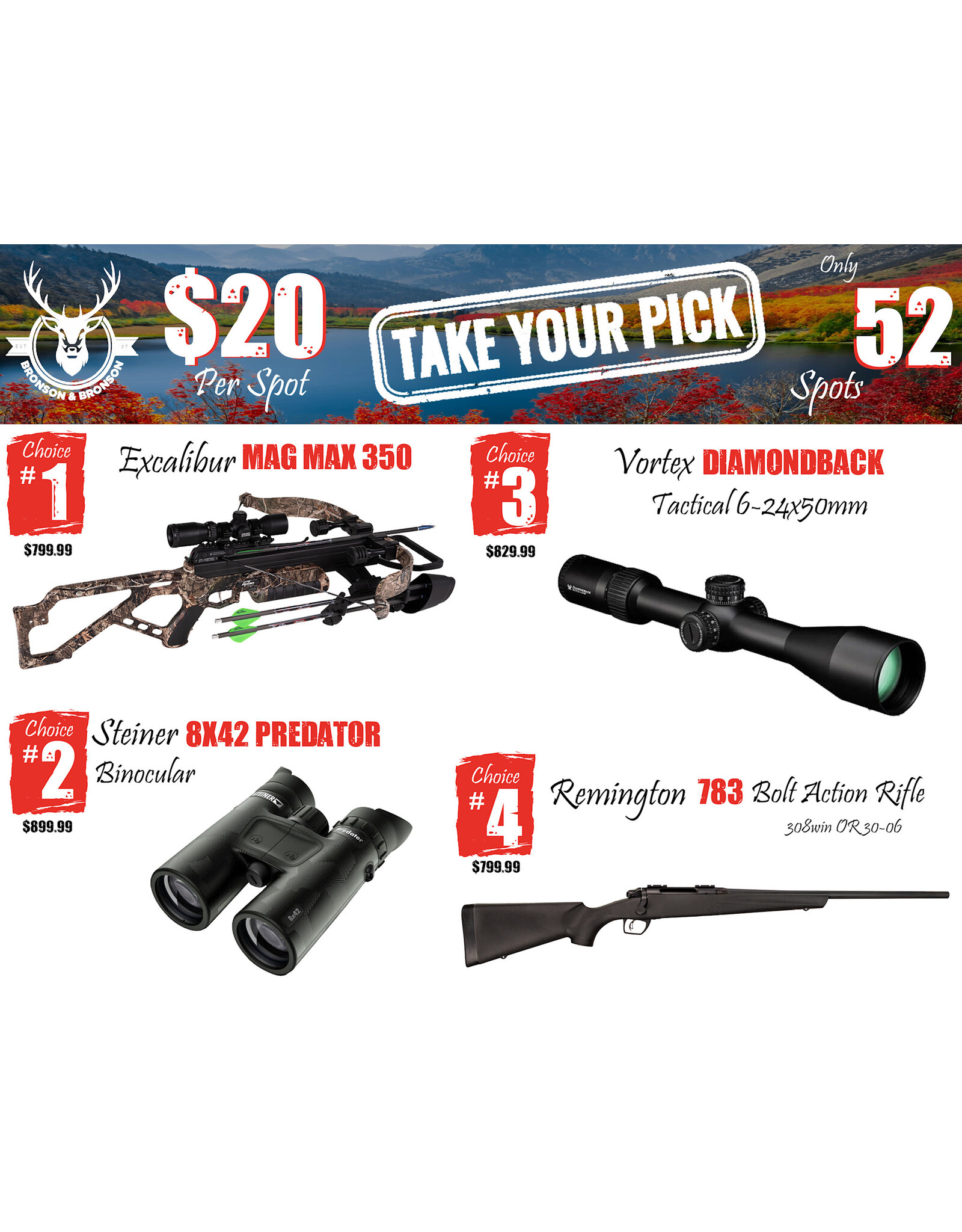 DRAW #1767 - Take Your Pick - Excalibur, Steiner, Vortex OR Remington!