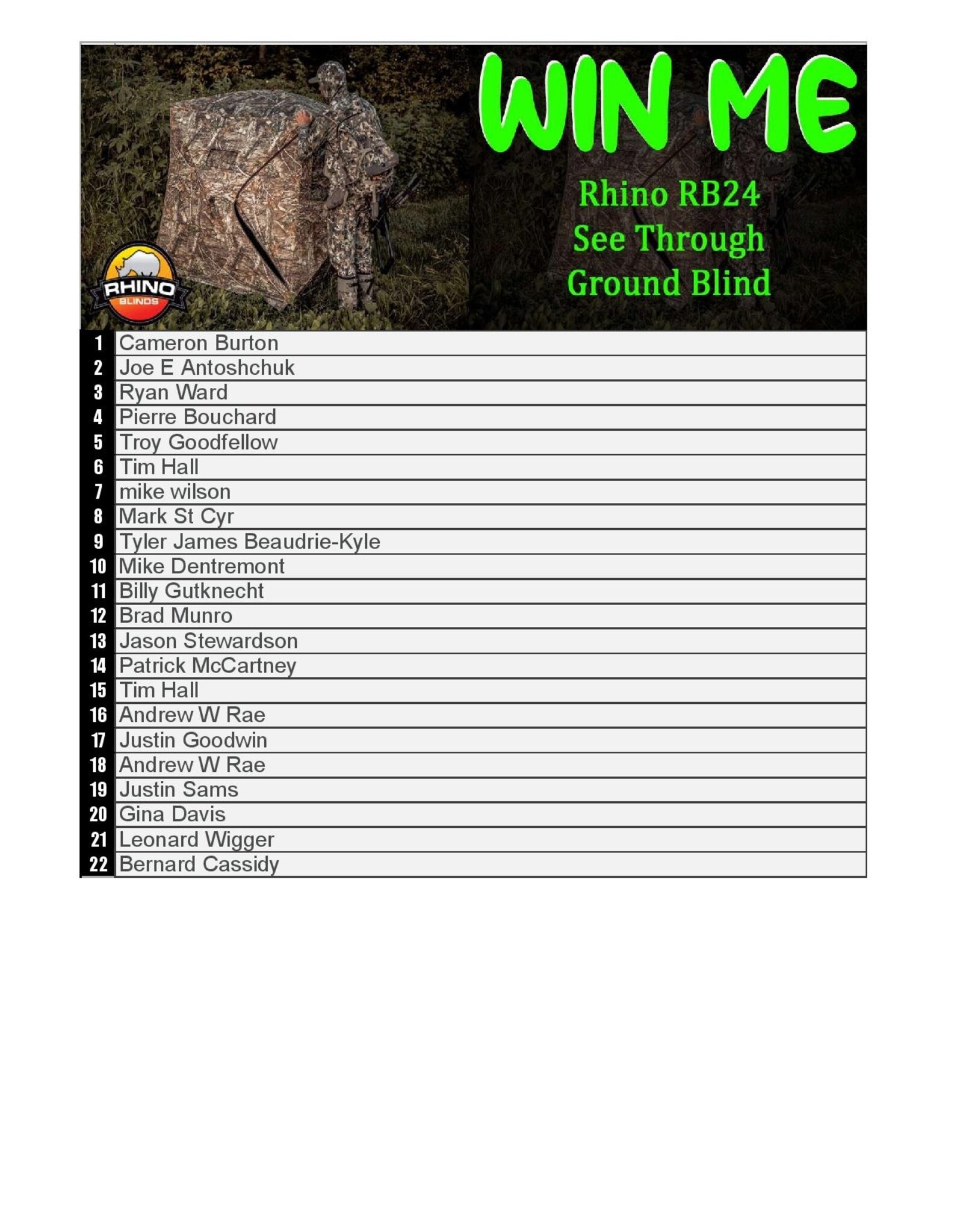 DRAW #1769 - WIN ME - RHINO RB24 GROUND BLIND! ROUND 2
