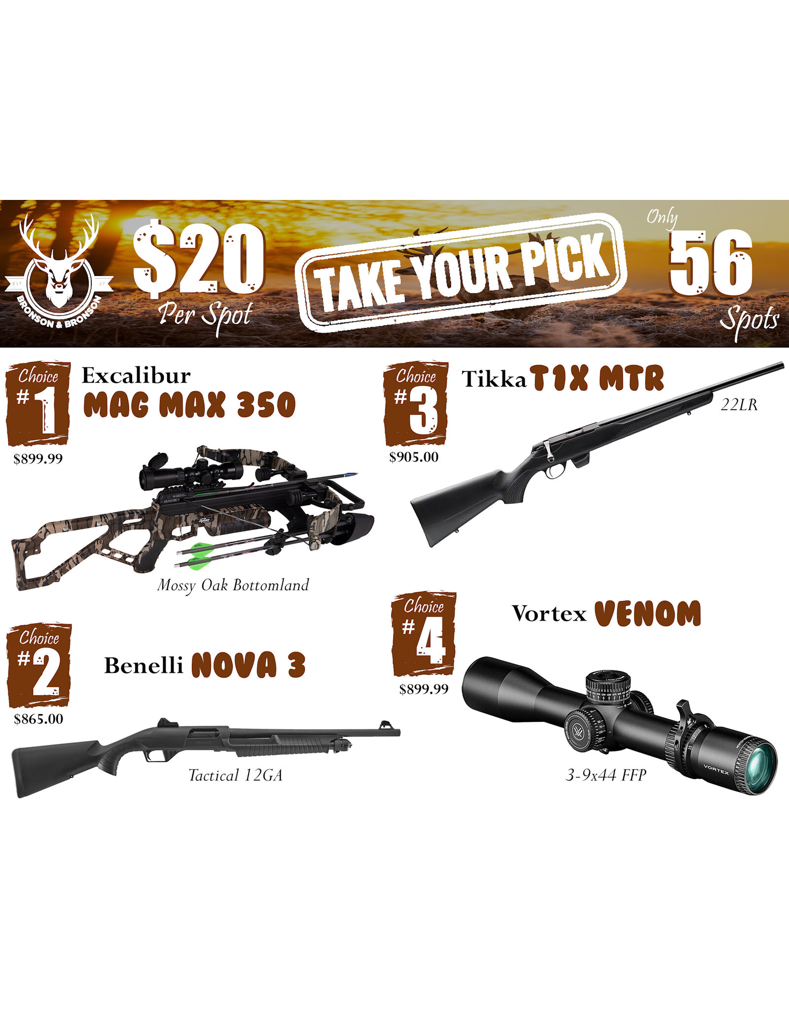 DRAW #1782 - Take Your Pick - Excalibur, Benelli, Tikka OR Vortex!