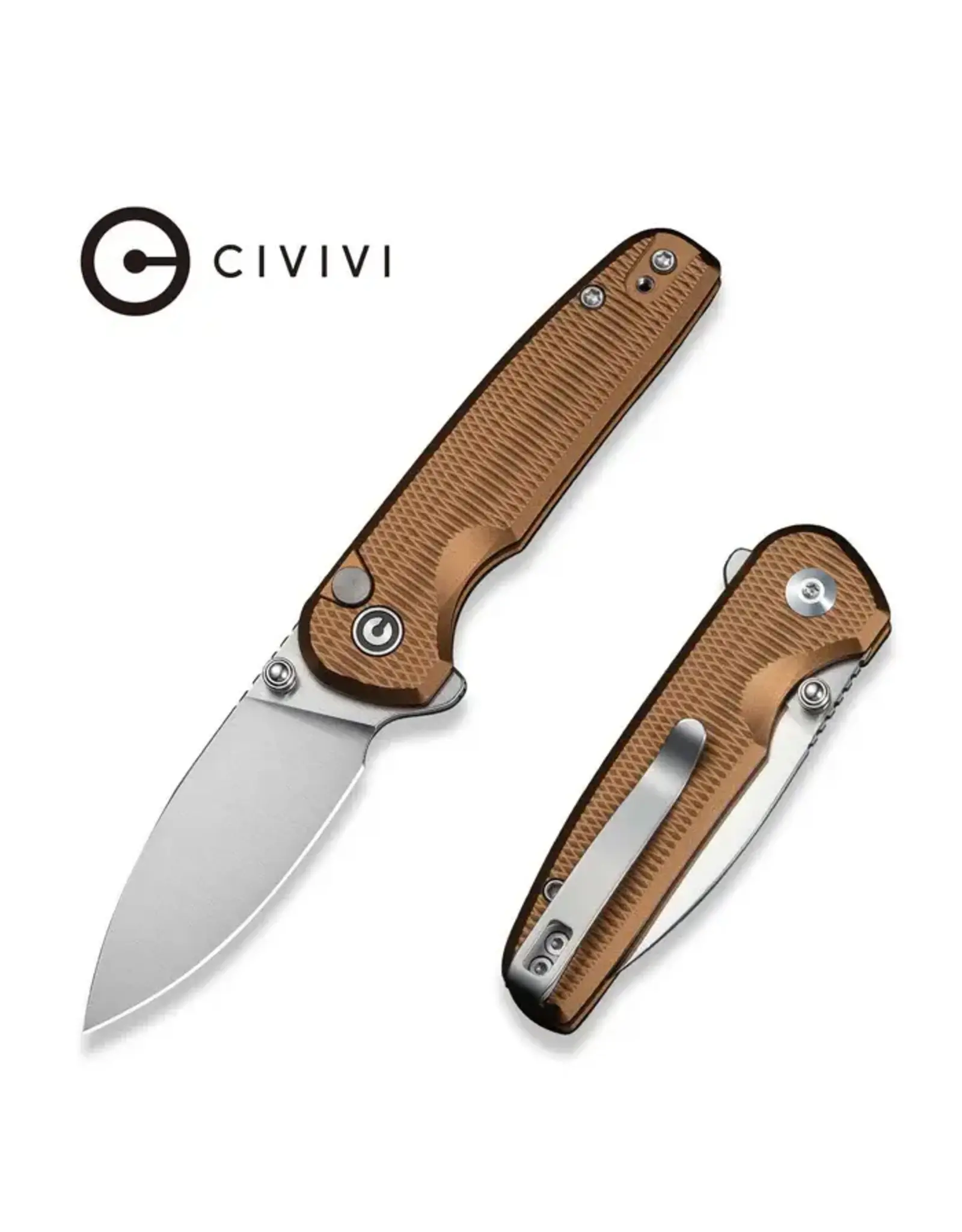 Civivi CIVIVI Mini Shakan Flipper & Thumb Stud & Button Lock Knife Ripple Patterned Coyote Brown Aluminum Handle (2.48" Satin Finished Nitro-V Blade) C20052F-3