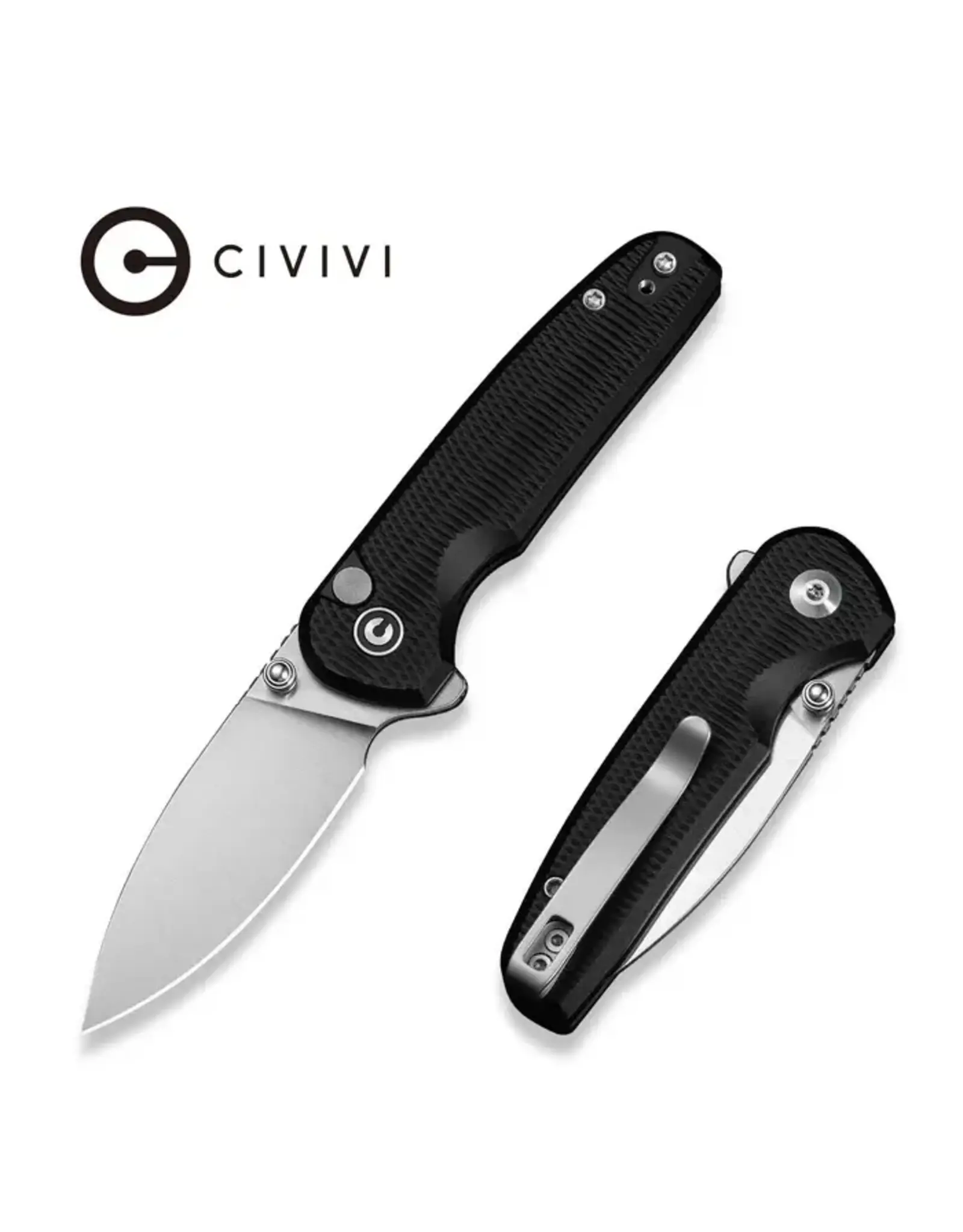 Civivi CIVIVI Mini Shakan Flipper & Thumb Stud & Button Lock Knife Ripple Patterned Black Aluminum Handle (2.48" Satin Finished Nitro-V Blade) C20052F-1