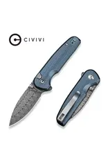 Civivi CIVIVI Mini Shakan Flipper & Thumb Stud & Button Lock Knife Ripple Patterned Blue Aluminum Handle (2.48" Damascus Blade) C20052F-DS1