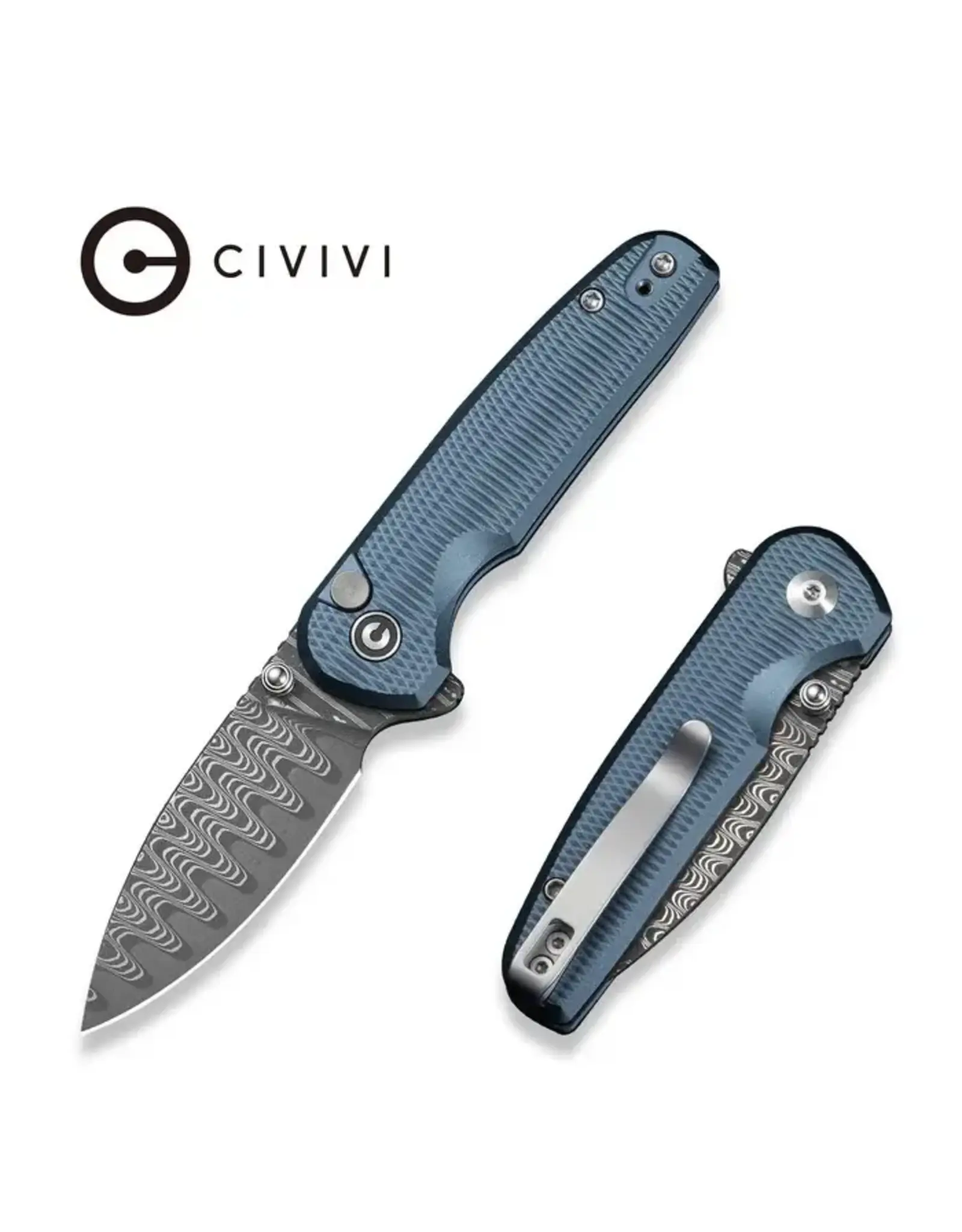 Civivi CIVIVI Mini Shakan Flipper & Thumb Stud & Button Lock Knife Ripple Patterned Blue Aluminum Handle (2.48" Damascus Blade) C20052F-DS1