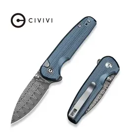 Civivi CIVIVI Mini Shakan Flipper & Thumb Stud & Button Lock Knife Ripple Patterned Blue Aluminum Handle (2.48" Damascus Blade) C20052F-DS1