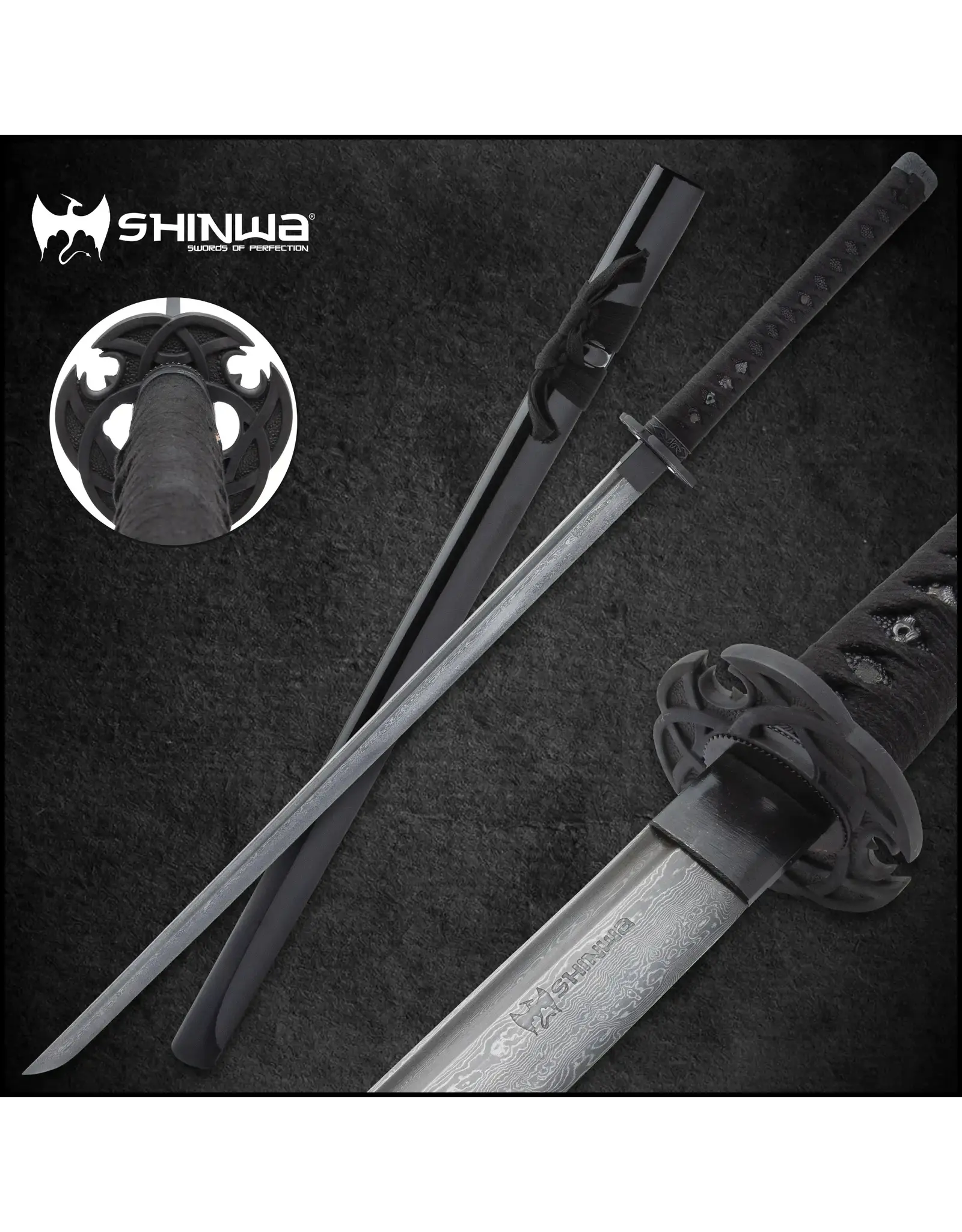 shinwa Shinwa Black Knight Katana | 27 1/2” full-tang black Damascus steel blade | 40" overall