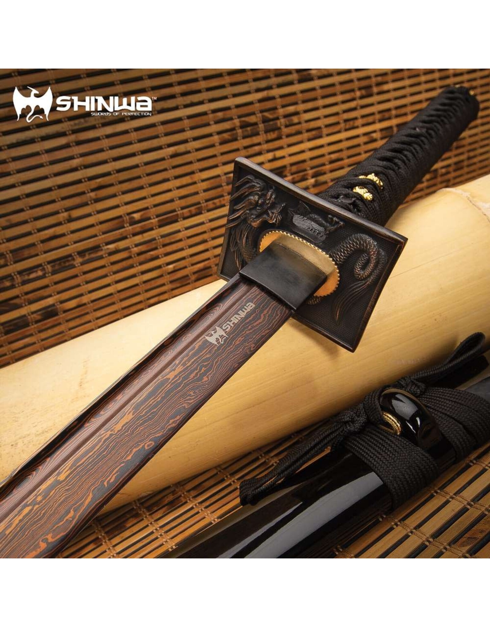 shinwa Shinwa Black Knight Handmade Katana / Samurai Sword - Hand Forged Black Damascus Steel - Razor Sharp, Full Tang - Fully Functional, Battle Ready, Ninja Sleek - Faux Ray Skin, Cord Wrap, Dragon Tsuba