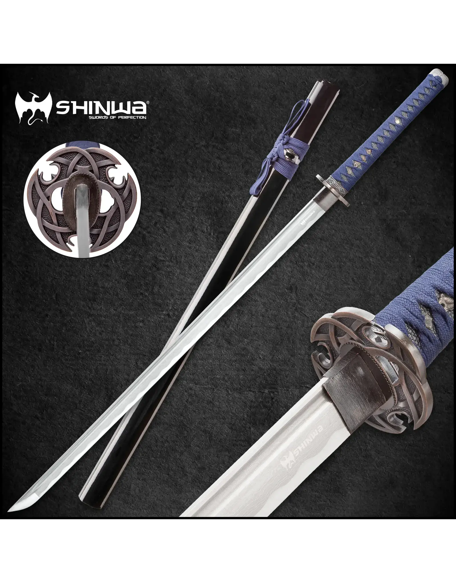 shinwa Shinwa Blue Knight Handmade Samurai Sword | 27 1/2” Damascus steel blade | 40” overall