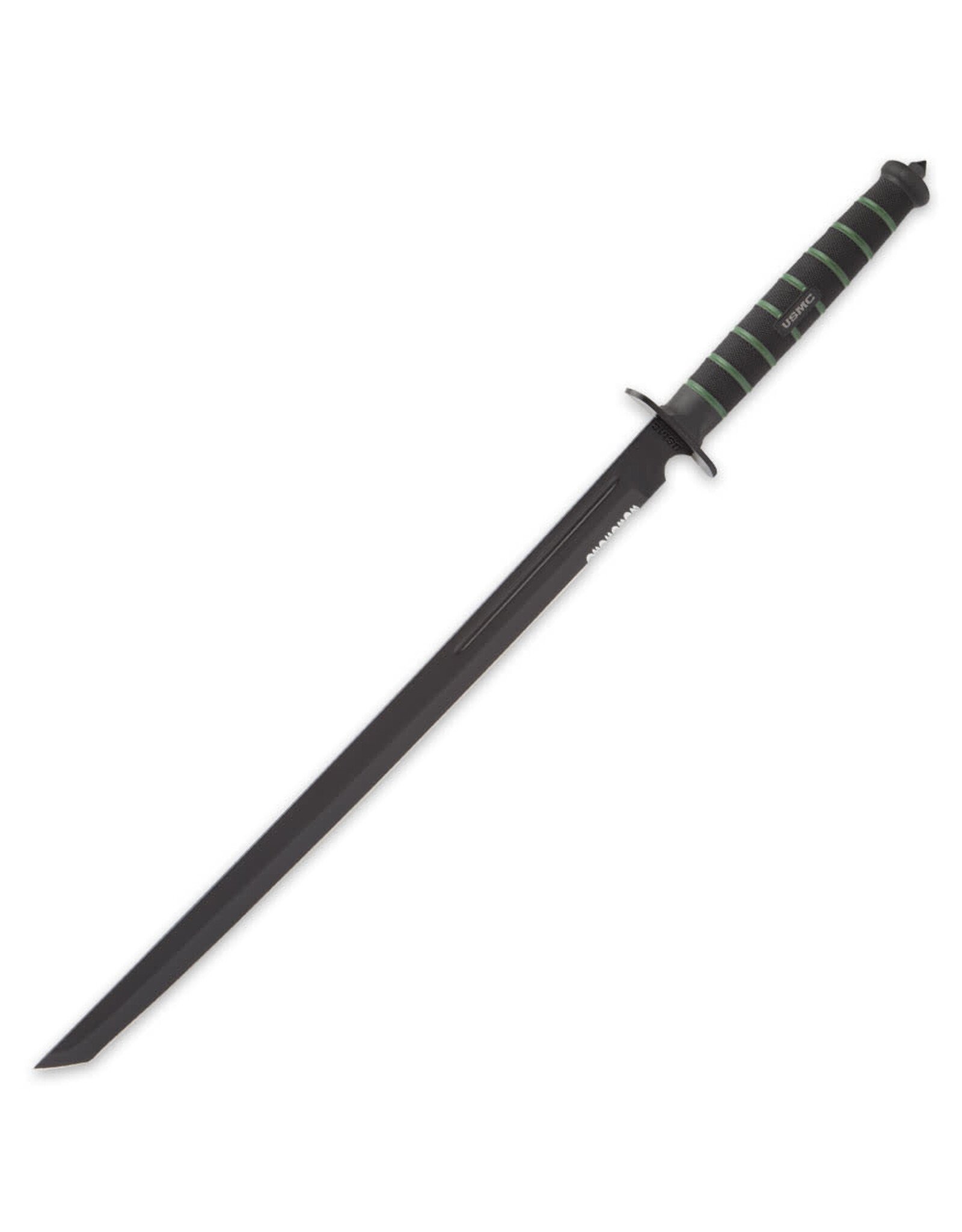 United Cutlery USMC “Blackout” Combat Sword | 19 3/4" Blade | 27 1/2" Overall | Rubberized Textured Handle with Green Bands | Nylon Sheath with Glass Breaker