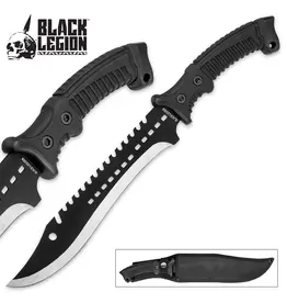 Black Legion Black Legion Iron Phantom Bowie / Fixed Blade Knife - 3Cr13 Stainless Steel - Clip Point, Sawback, Black 2-Tone Finish - Belt Sheath - Tactical, Outdoors, Hunting, Survival, Camping - 15 1/4"